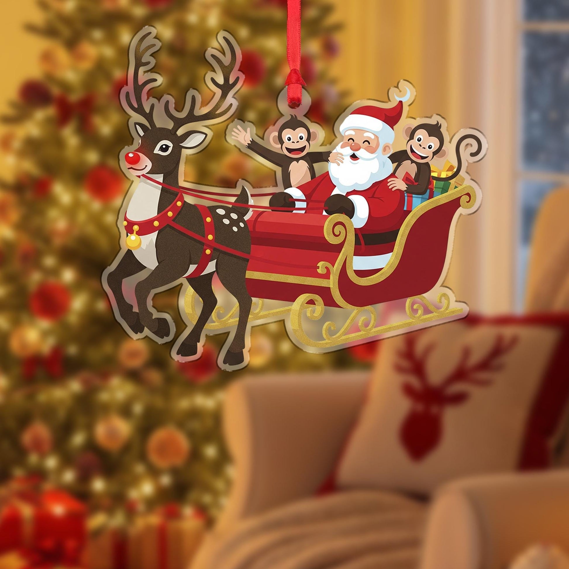 Santa Sleigh Ornament with Reindeer and Monkeys: Christmas Tree Decoration