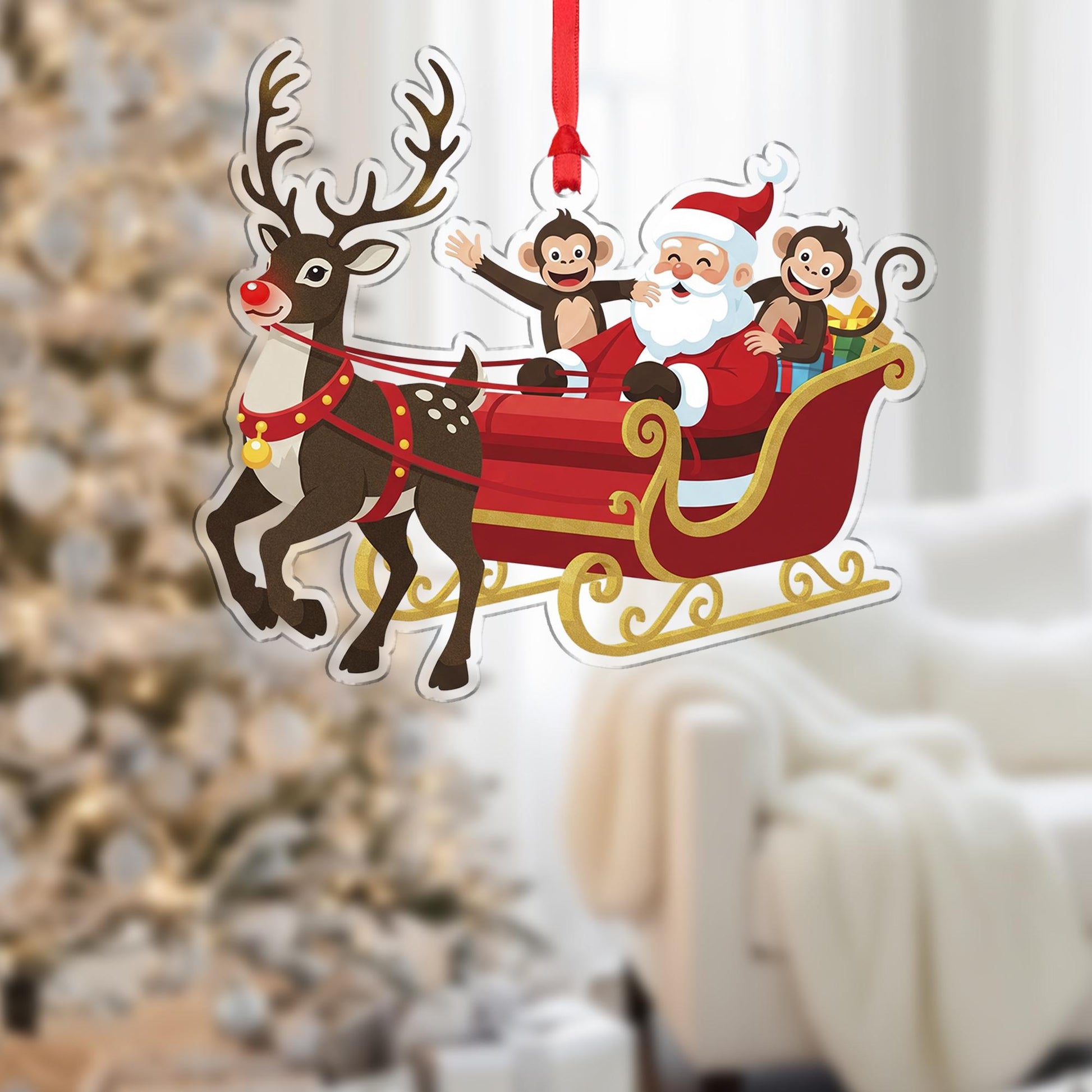 Santa Sleigh Ornament with Reindeer and Monkeys: Christmas Tree Decoration