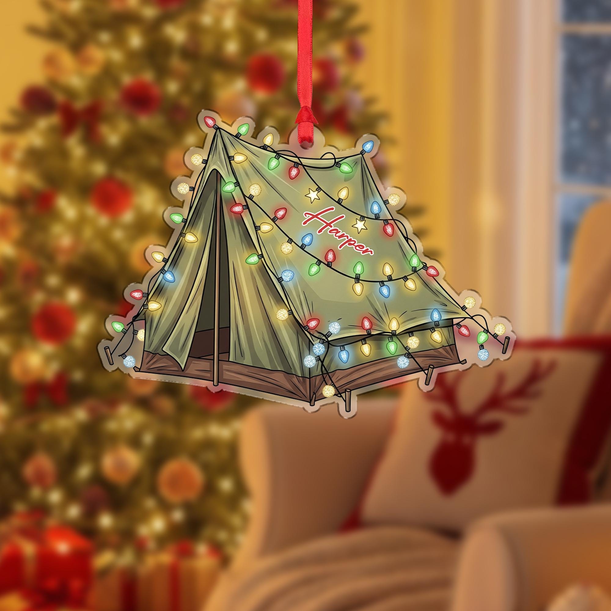 Personalized Camping Tent Christmas Ornament, Custom Camp Themed Holiday Decor, Adventure Lover Gift, First Christmas Ornament
