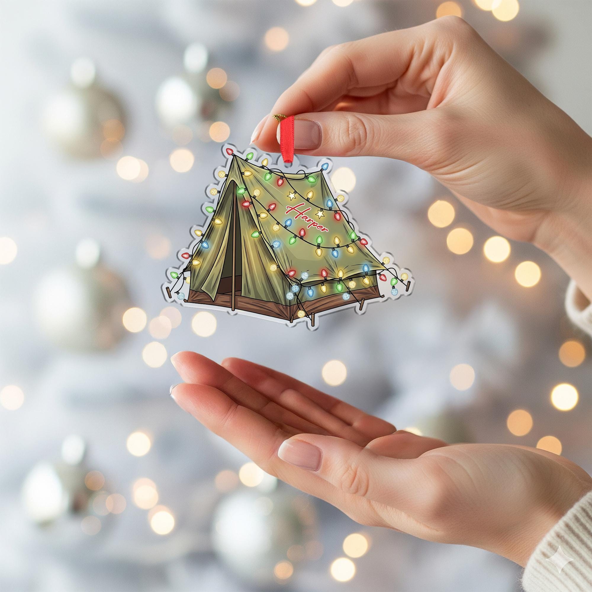 Personalized Camping Tent Christmas Ornament, Custom Camp Themed Holiday Decor, Adventure Lover Gift, First Christmas Ornament