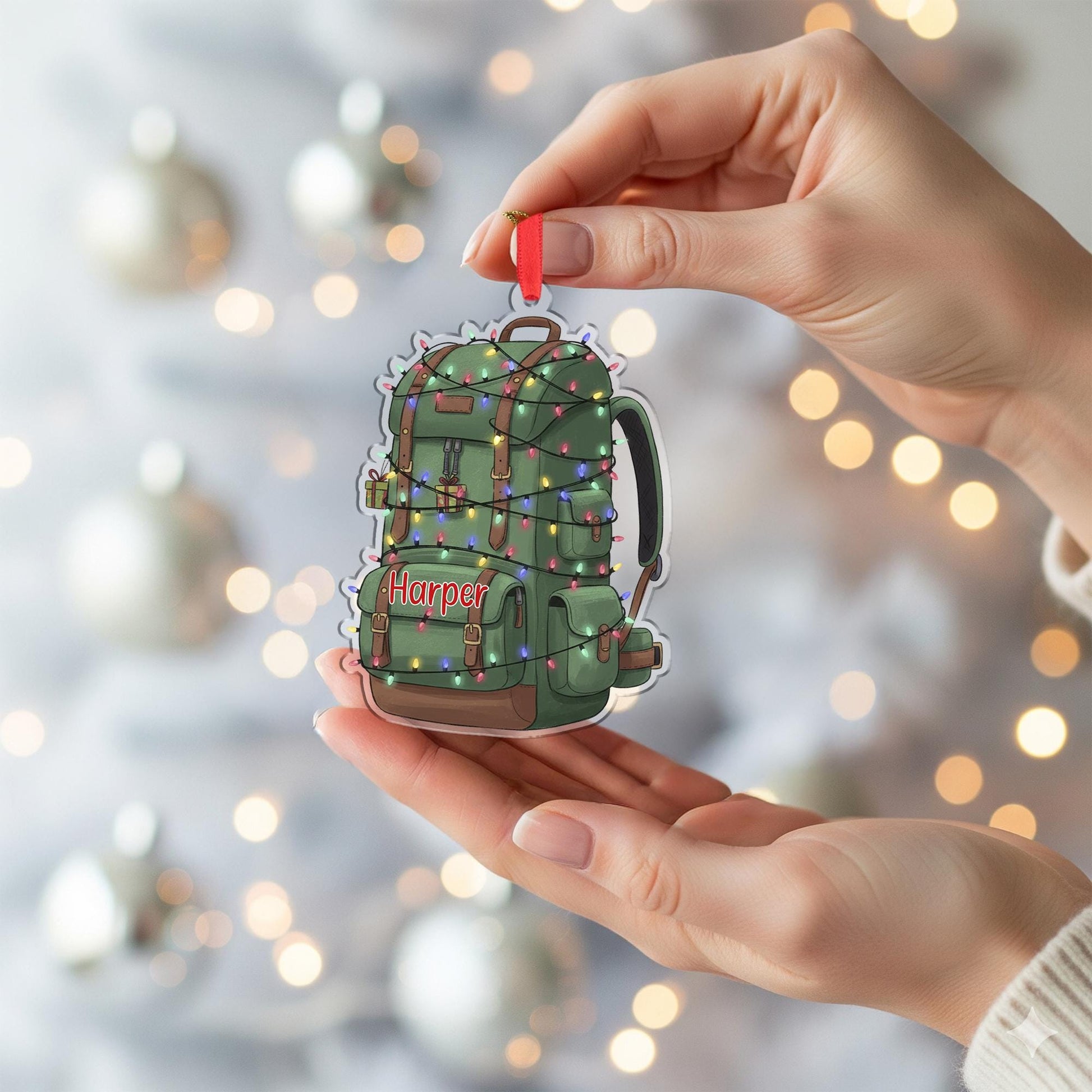 Personalized Hiking Backpack Ornament, Custom Name Hiker Gift, Camper Travel Christmas Keepsake