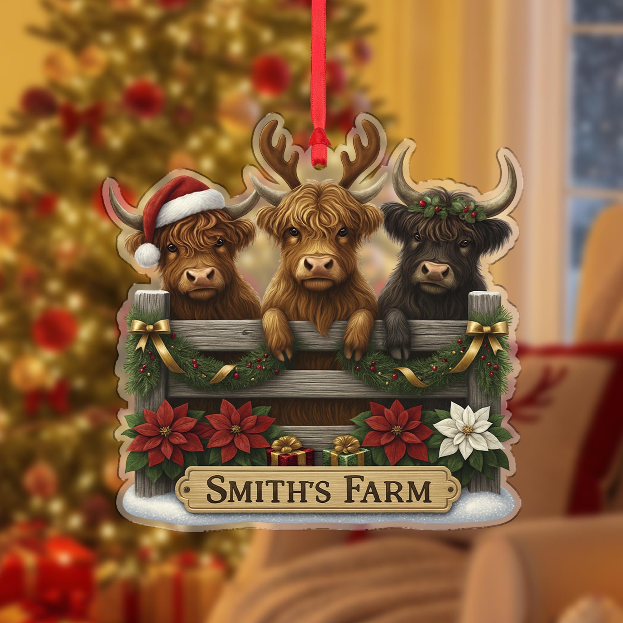 Personalized Highland Cow Family Christmas Ornament, Custom Farmhouse Holiday Decor, Scottish Coo Gift for Cattle Lovers
