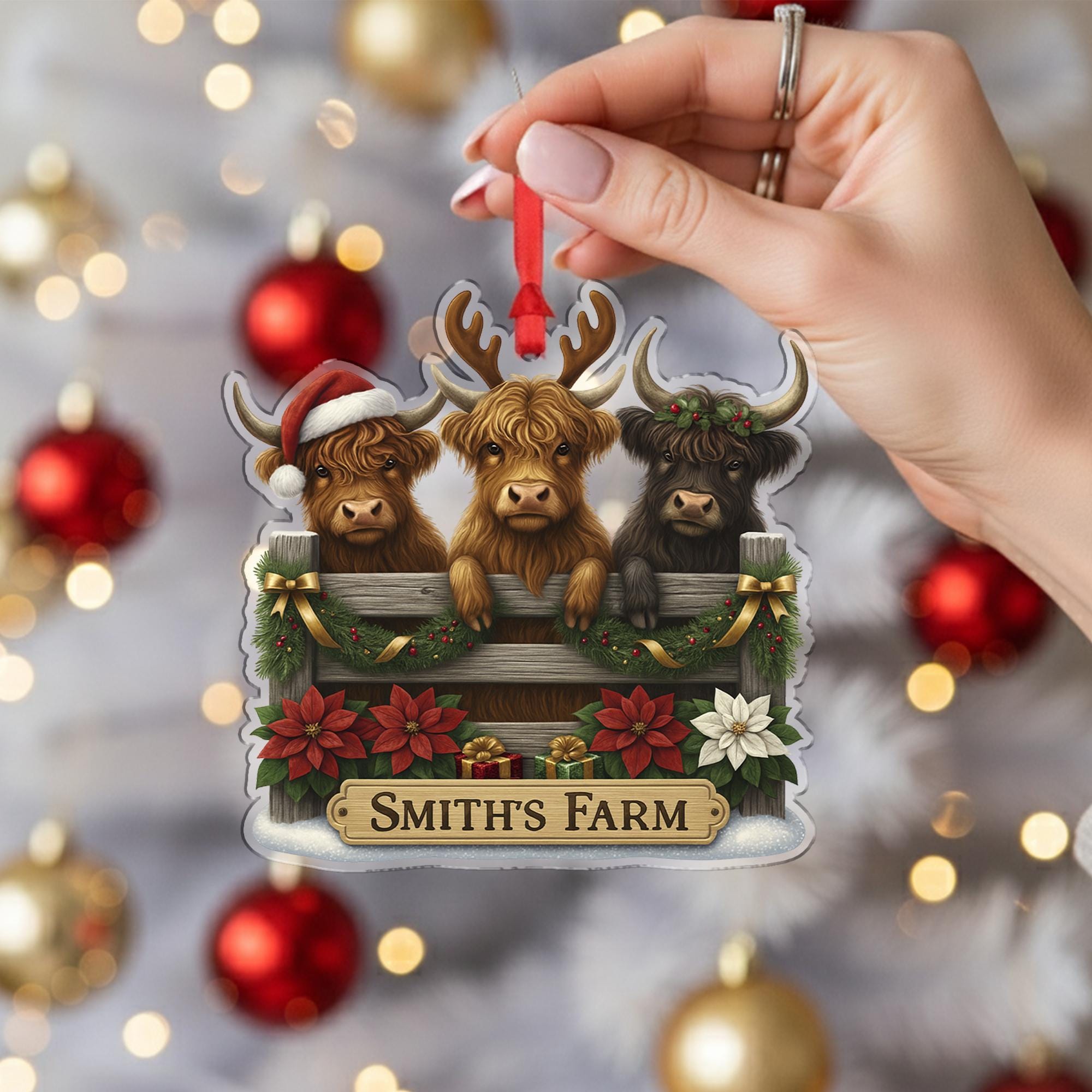 Personalized Highland Cow Family Christmas Ornament, Custom Farmhouse Holiday Decor, Scottish Coo Gift for Cattle Lovers