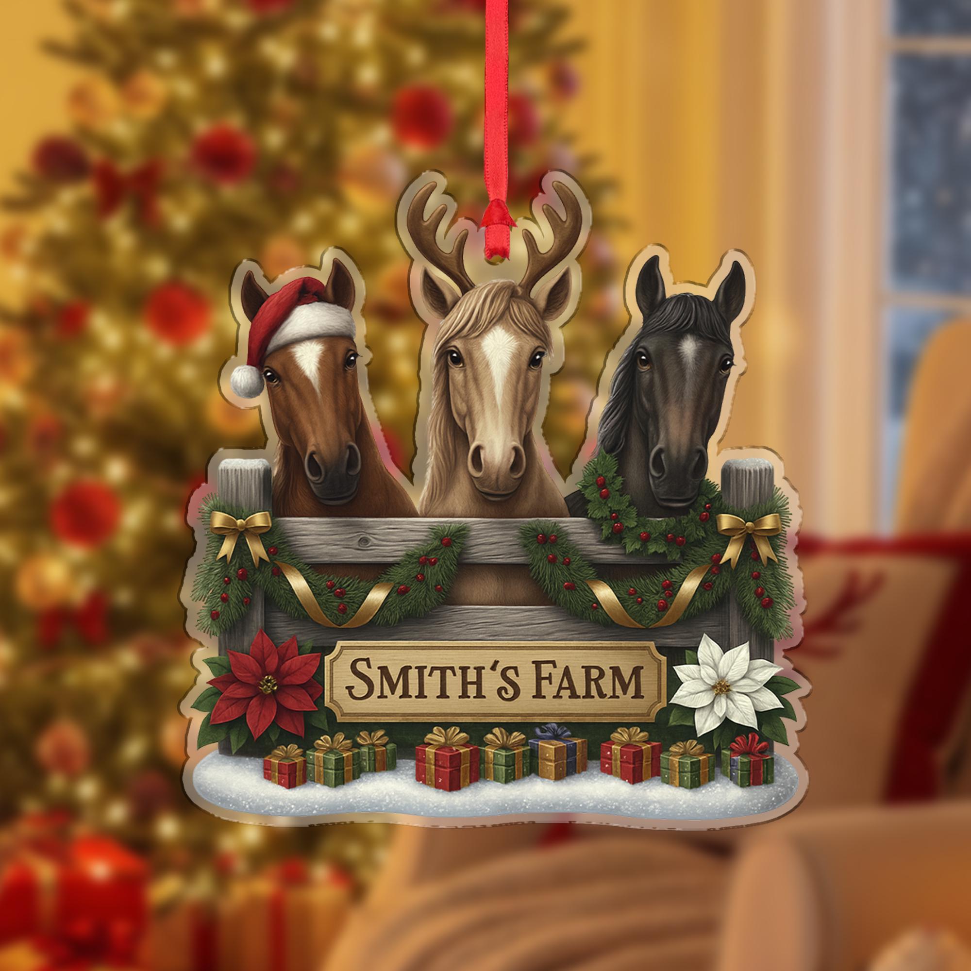 Personalized Horse Farm Ornament, Custom Family Name Christmas Decor, Funny Horses Equestrian Gift, Rustic Tree Keepsake
