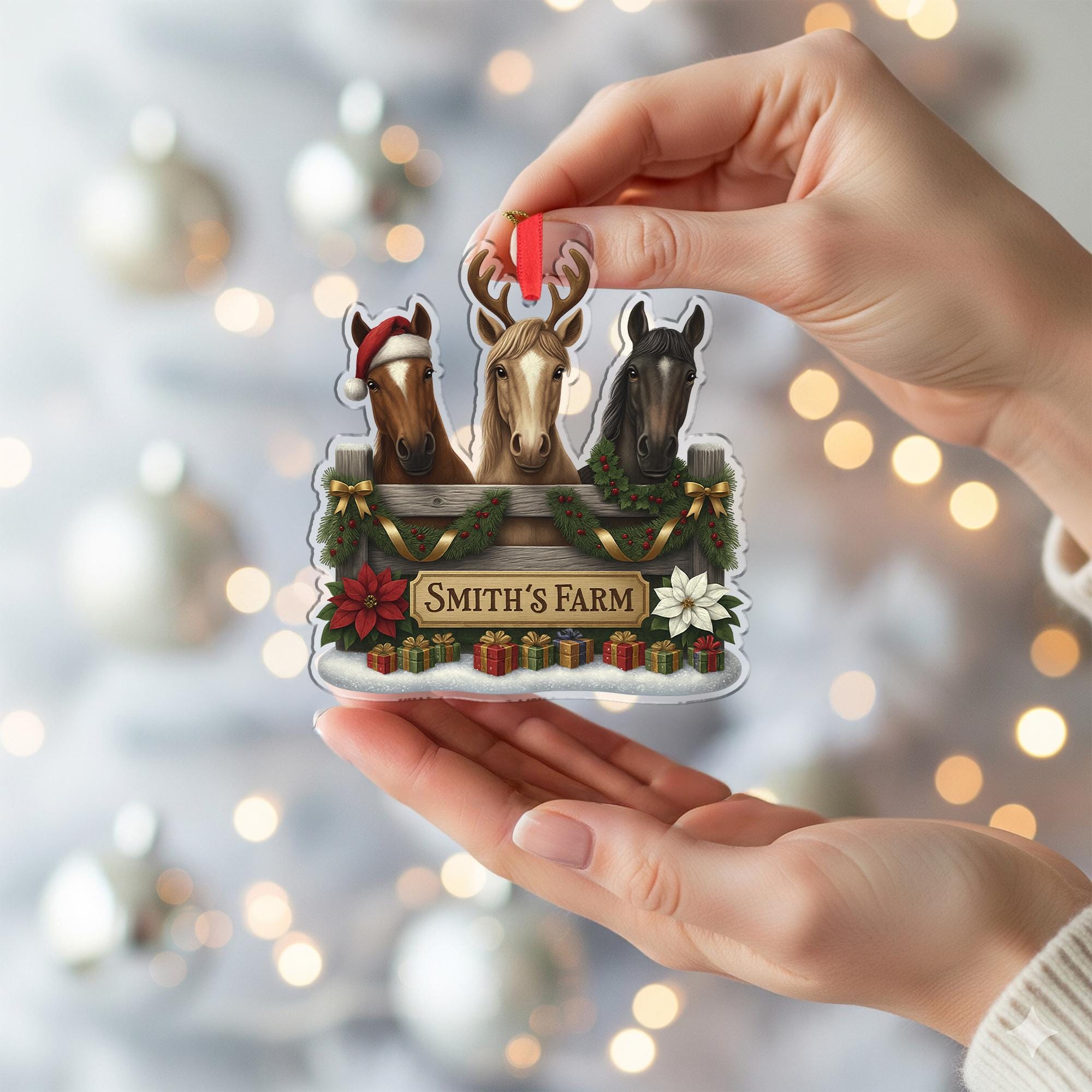 Personalized Horse Farm Ornament, Custom Family Name Christmas Decor, Funny Horses Equestrian Gift, Rustic Tree Keepsake