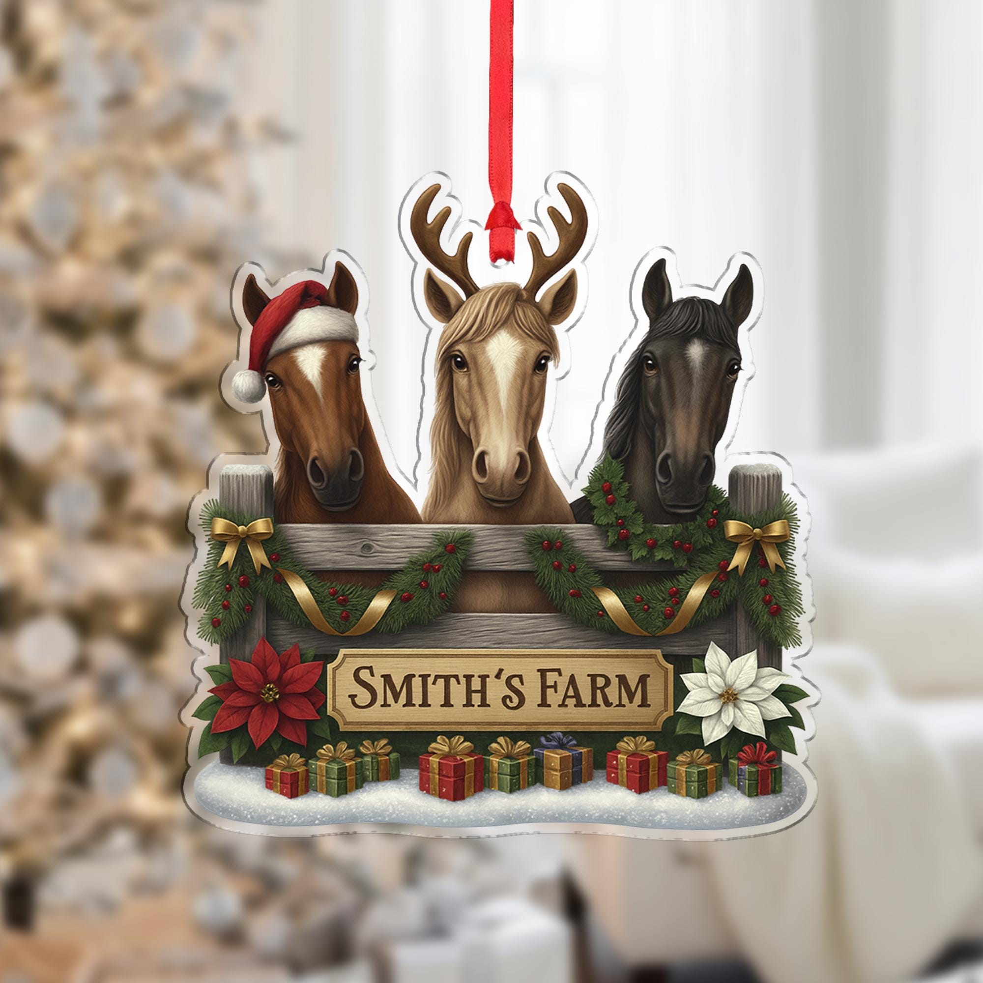 Personalized Horse Farm Ornament, Custom Family Name Christmas Decor, Funny Horses Equestrian Gift, Rustic Tree Keepsake