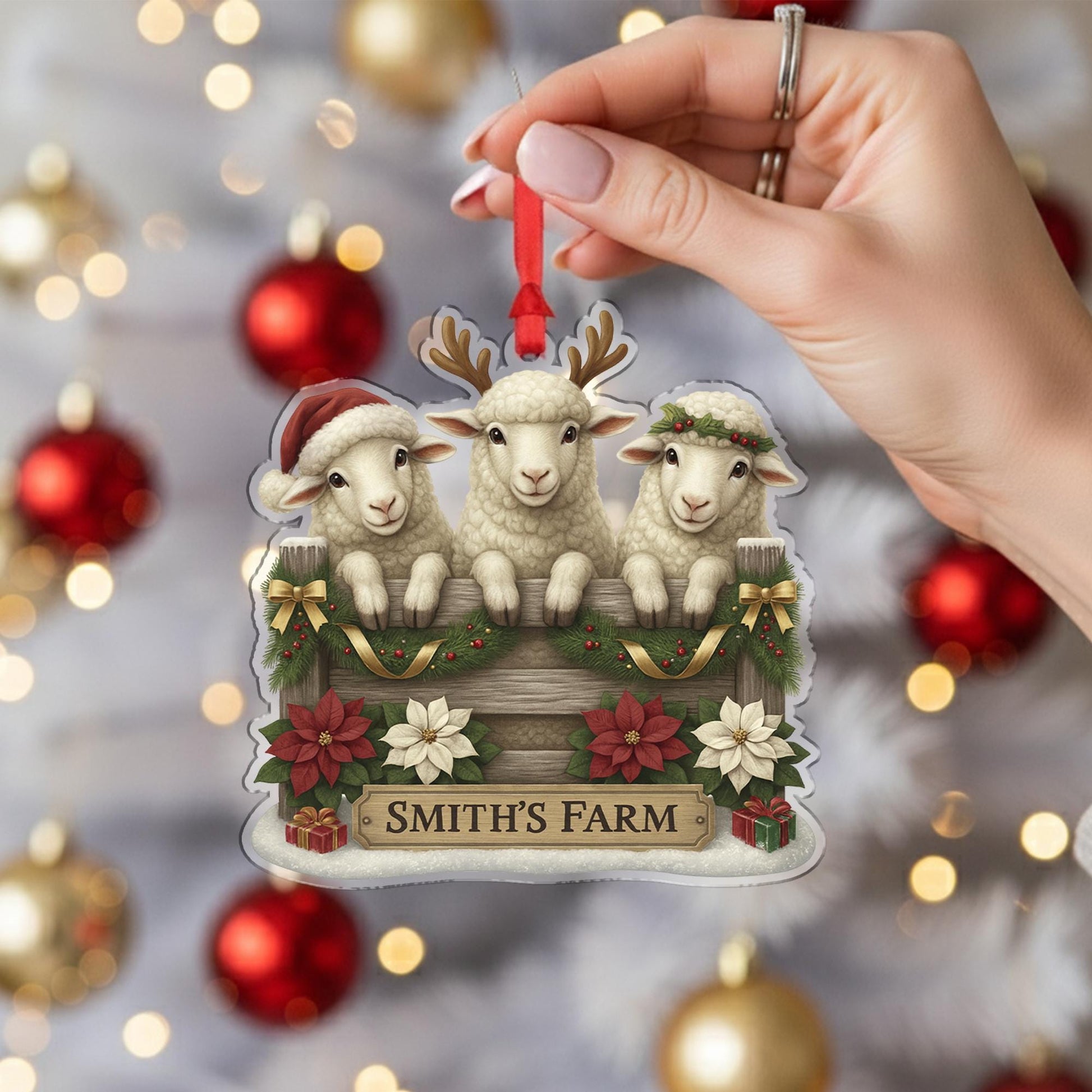Personalized Sheep Family Christmas Ornament, Custom Farm Name Sign, Rustic Farmhouse Holiday Decor, Cute Lamb Gift Farmer, Xmas Keepsake