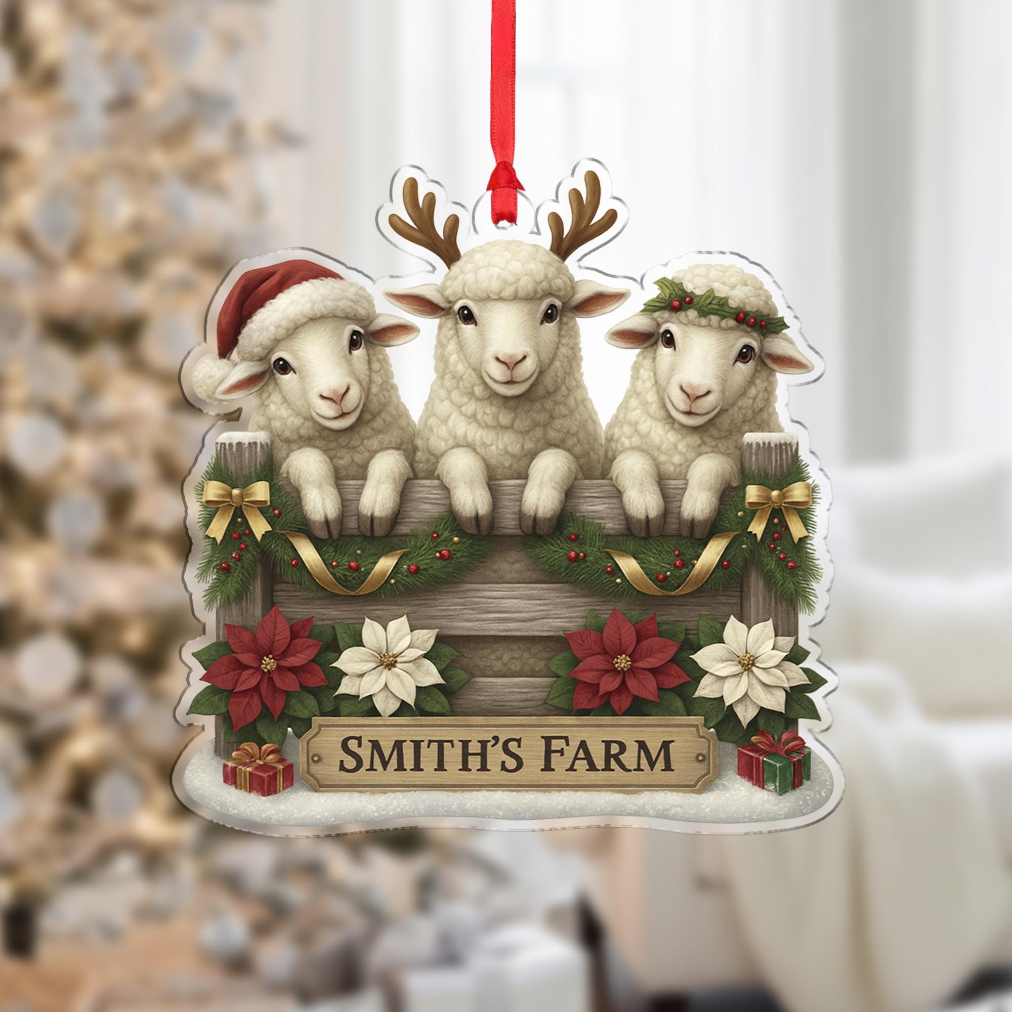 Personalized Sheep Family Christmas Ornament, Custom Farm Name Sign, Rustic Farmhouse Holiday Decor, Cute Lamb Gift Farmer, Xmas Keepsake
