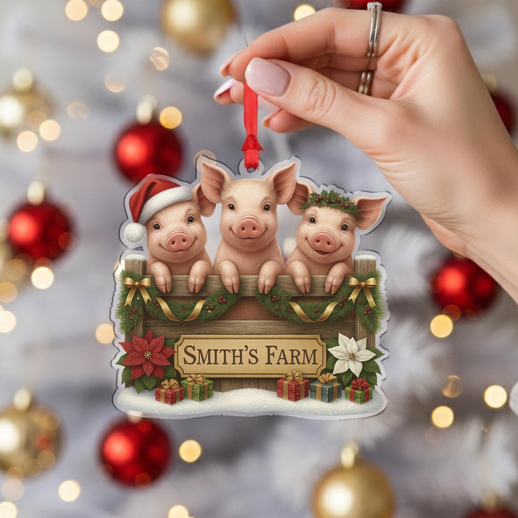 Personalized Pig Family Christmas Ornament, Smith's Farm Holiday Decor, Custom Piggy Farmhouse Gift for Farmers, Rustic Xmas Tree Bauble