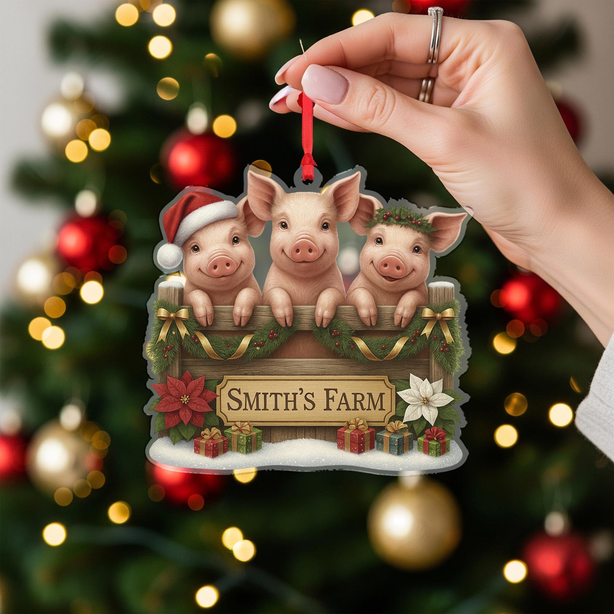 Personalized Pig Family Christmas Ornament, Smith's Farm Holiday Decor, Custom Piggy Farmhouse Gift for Farmers, Rustic Xmas Tree Bauble