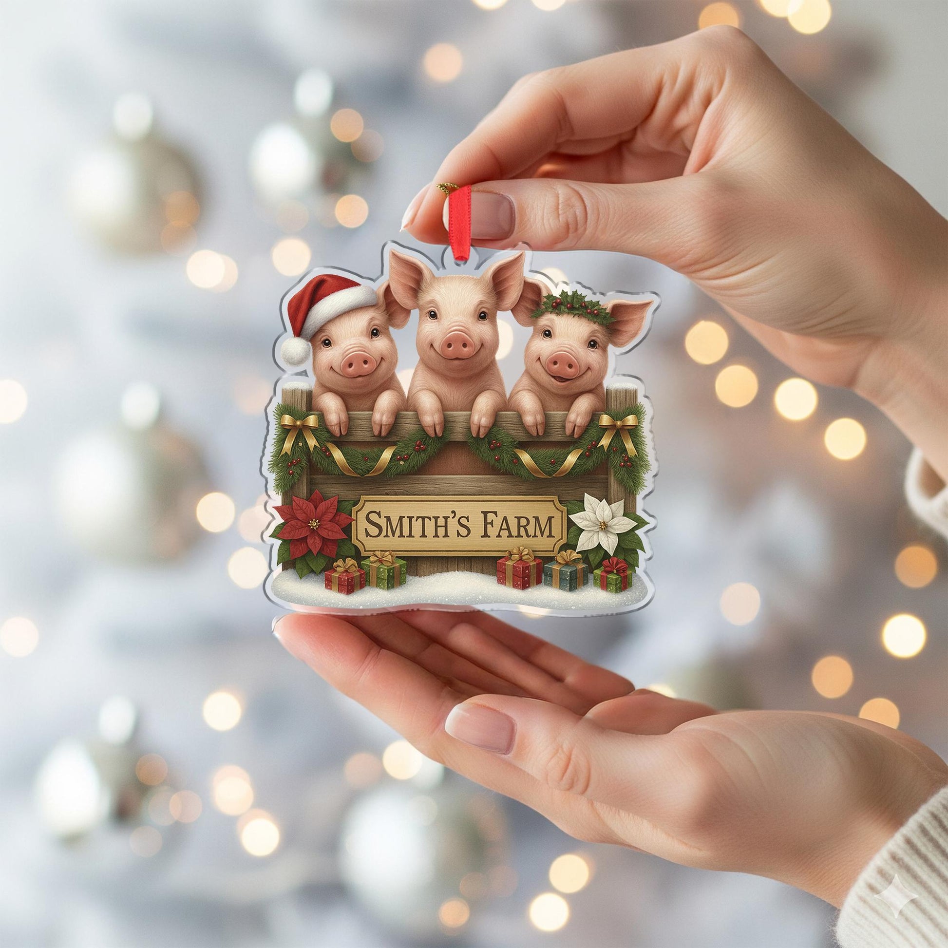 Personalized Pig Family Christmas Ornament, Smith's Farm Holiday Decor, Custom Piggy Farmhouse Gift for Farmers, Rustic Xmas Tree Bauble