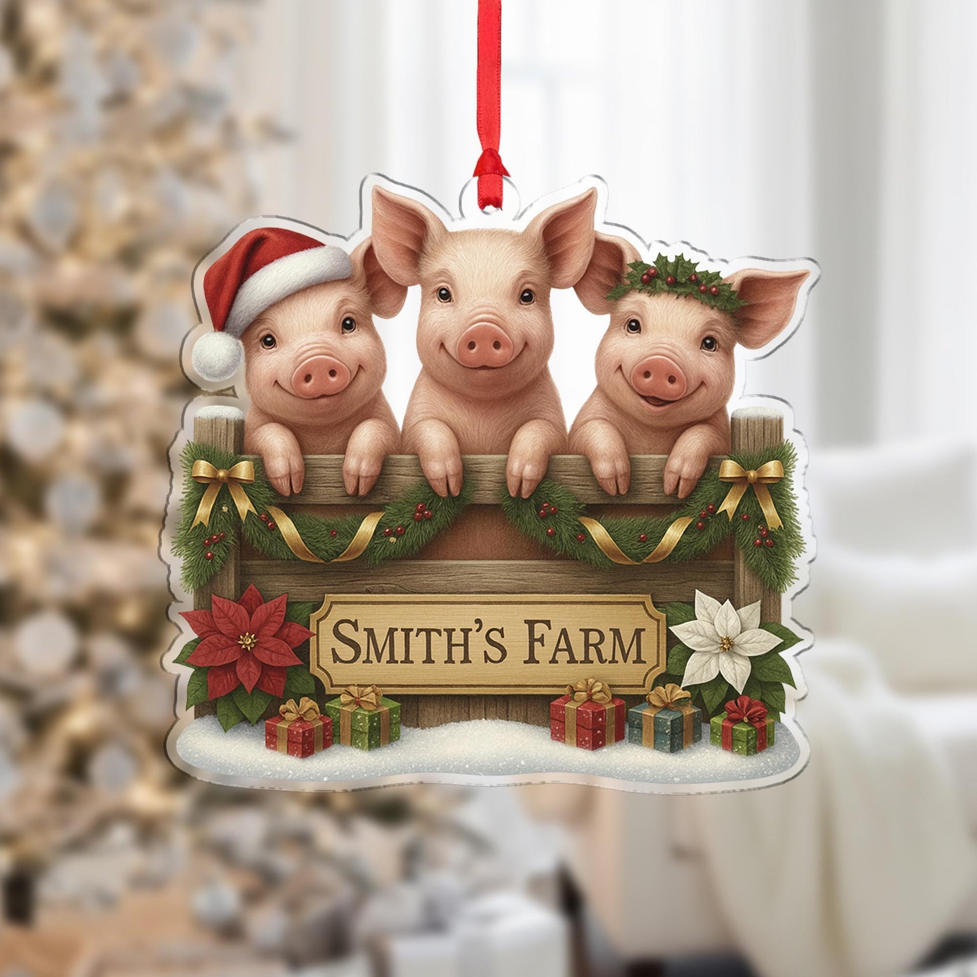 Personalized Pig Family Christmas Ornament, Smith's Farm Holiday Decor, Custom Piggy Farmhouse Gift for Farmers, Rustic Xmas Tree Bauble