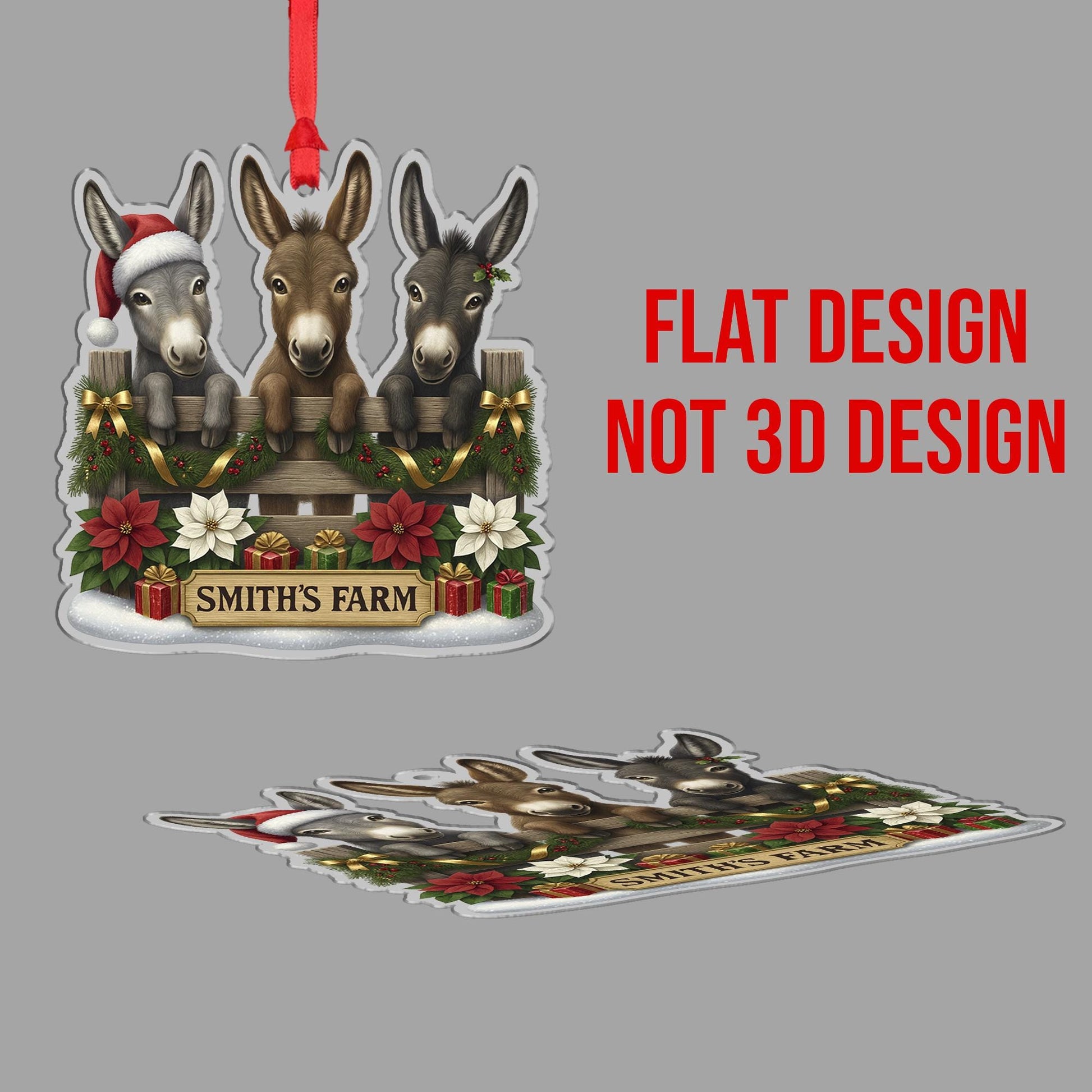 Personalized Donkey Family Ornament, Custom Farm Name, Three Cute Donkeys Christmas Decor, Farmhouse Animal Lover Gift