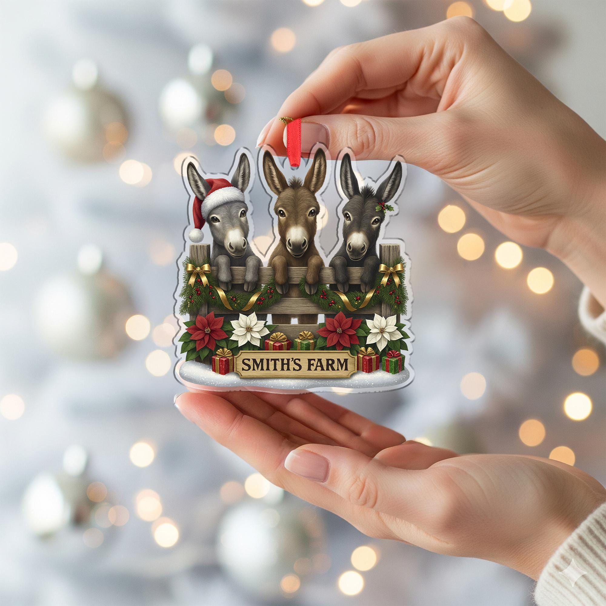 Personalized Donkey Family Ornament, Custom Farm Name, Three Cute Donkeys Christmas Decor, Farmhouse Animal Lover Gift