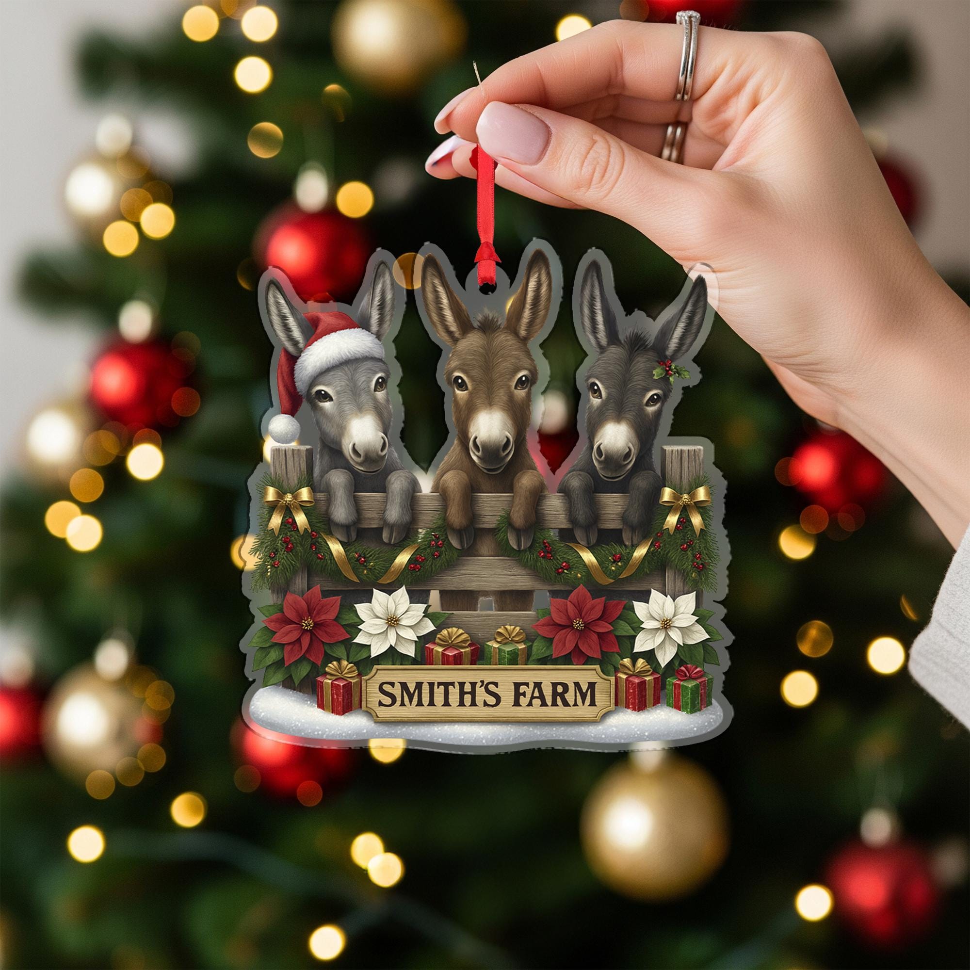 Personalized Donkey Family Ornament, Custom Farm Name, Three Cute Donkeys Christmas Decor, Farmhouse Animal Lover Gift