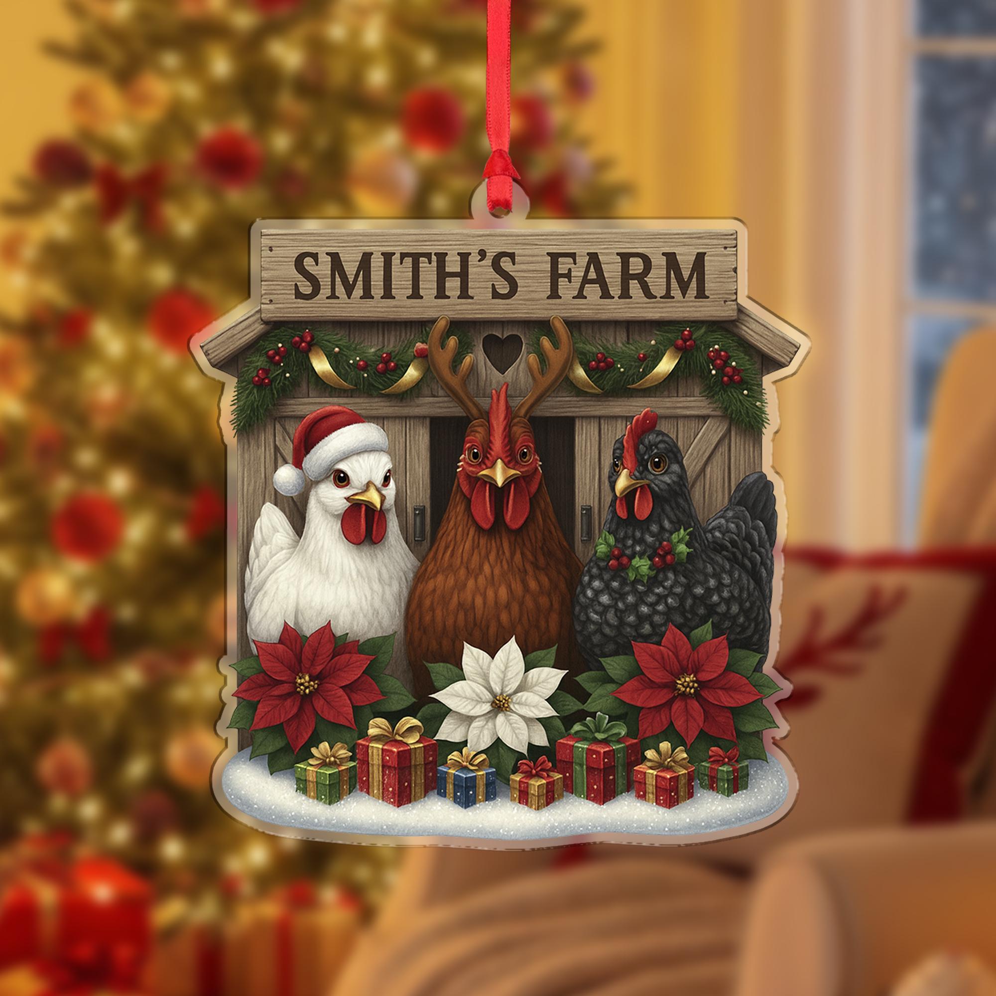 Personalized Chicken Ornament, Custom Farmhouse Christmas Decor, Rustic Xmas Gift for Chicken Lovers, Smith's Farm Holiday Decor