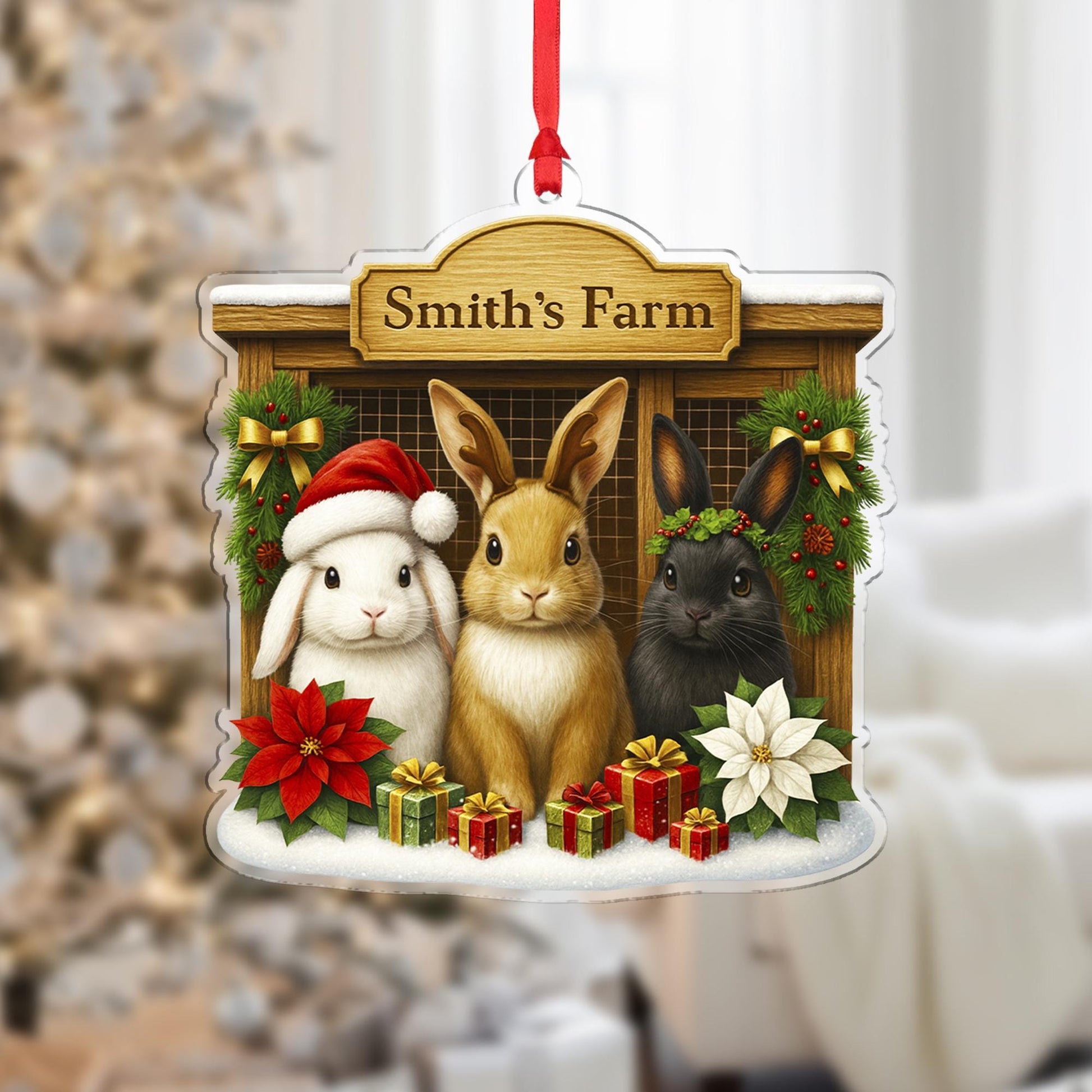 Personalized Rabbit Farm Christmas Ornament, Custom Bunny Family Name Decor, Farmhouse Rabbit Hutch Keepsake, Pet Lover Gift