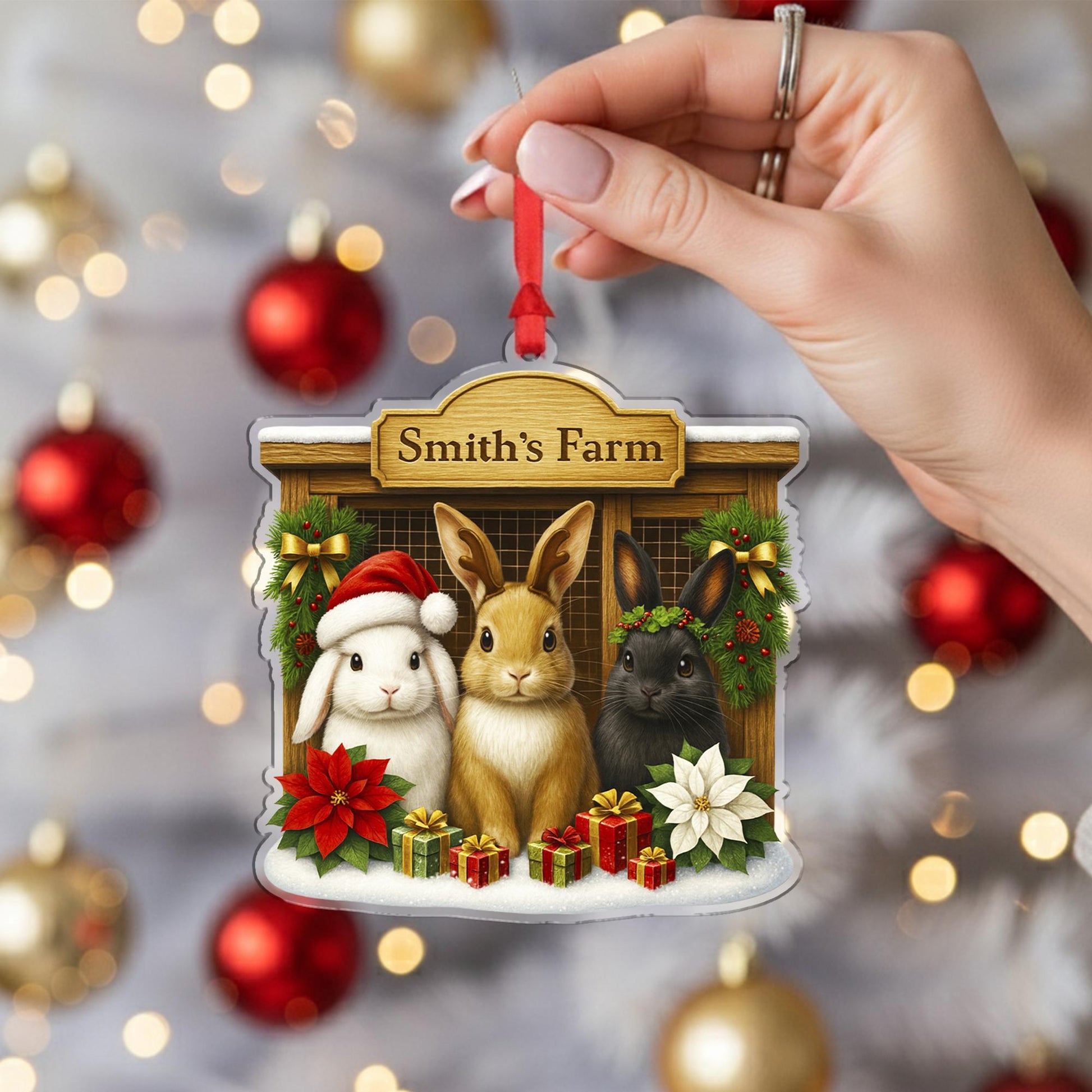 Personalized Rabbit Farm Christmas Ornament, Custom Bunny Family Name Decor, Farmhouse Rabbit Hutch Keepsake, Pet Lover Gift