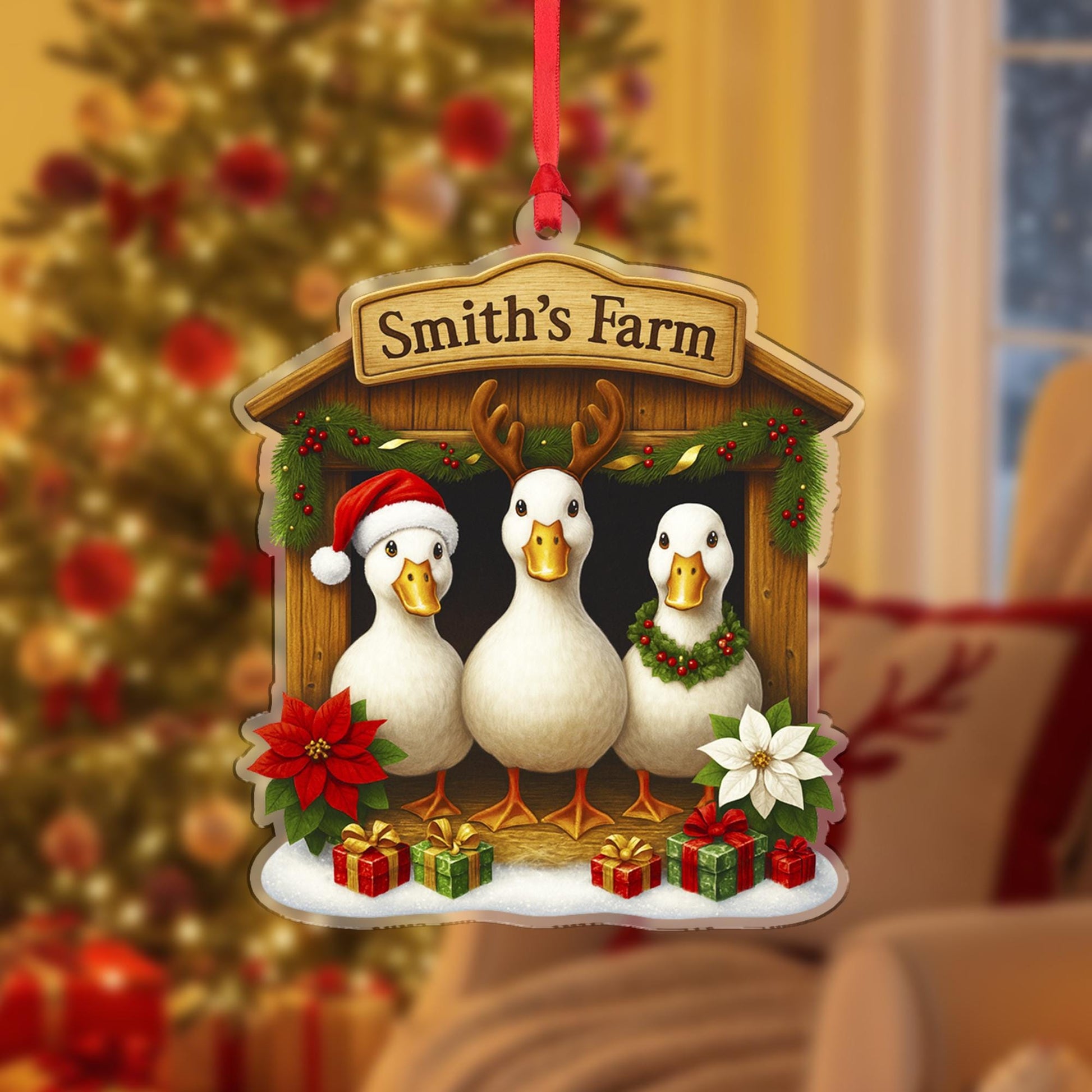Personalized Christmas Duck Ornament, Farmhouse Decor, Custom Family Name Duck Farm, Holiday Duck Gift, Housewarming Gift
