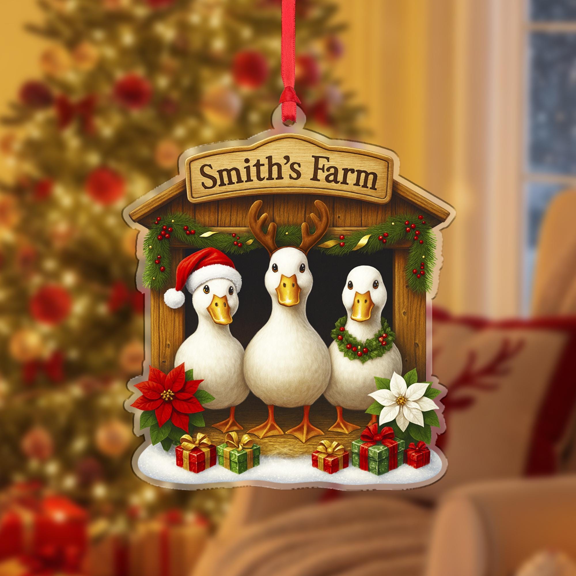 Personalized Christmas Duck Ornament, Farmhouse Decor, Custom Family Name Duck Farm, Holiday Duck Gift, Housewarming Gift