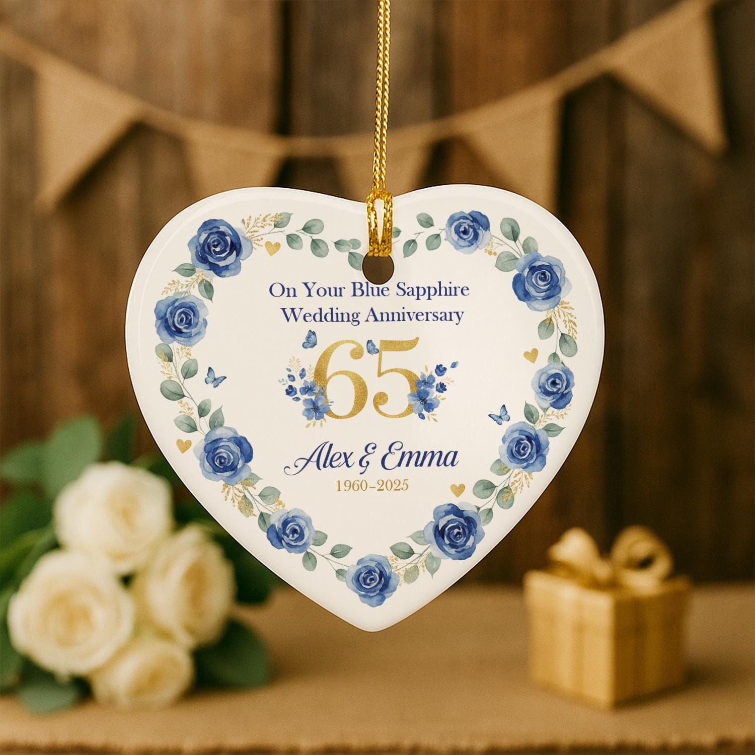 65th Anniversary Ornament – Personalized Blue Sapphire Wedding Ceramic Heart Gift