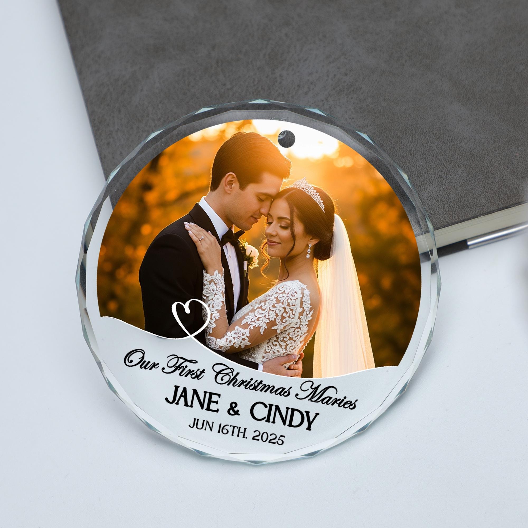 Personalized Wedding Ornament – Our First Christmas Married Custom Glass Photo Decoration
