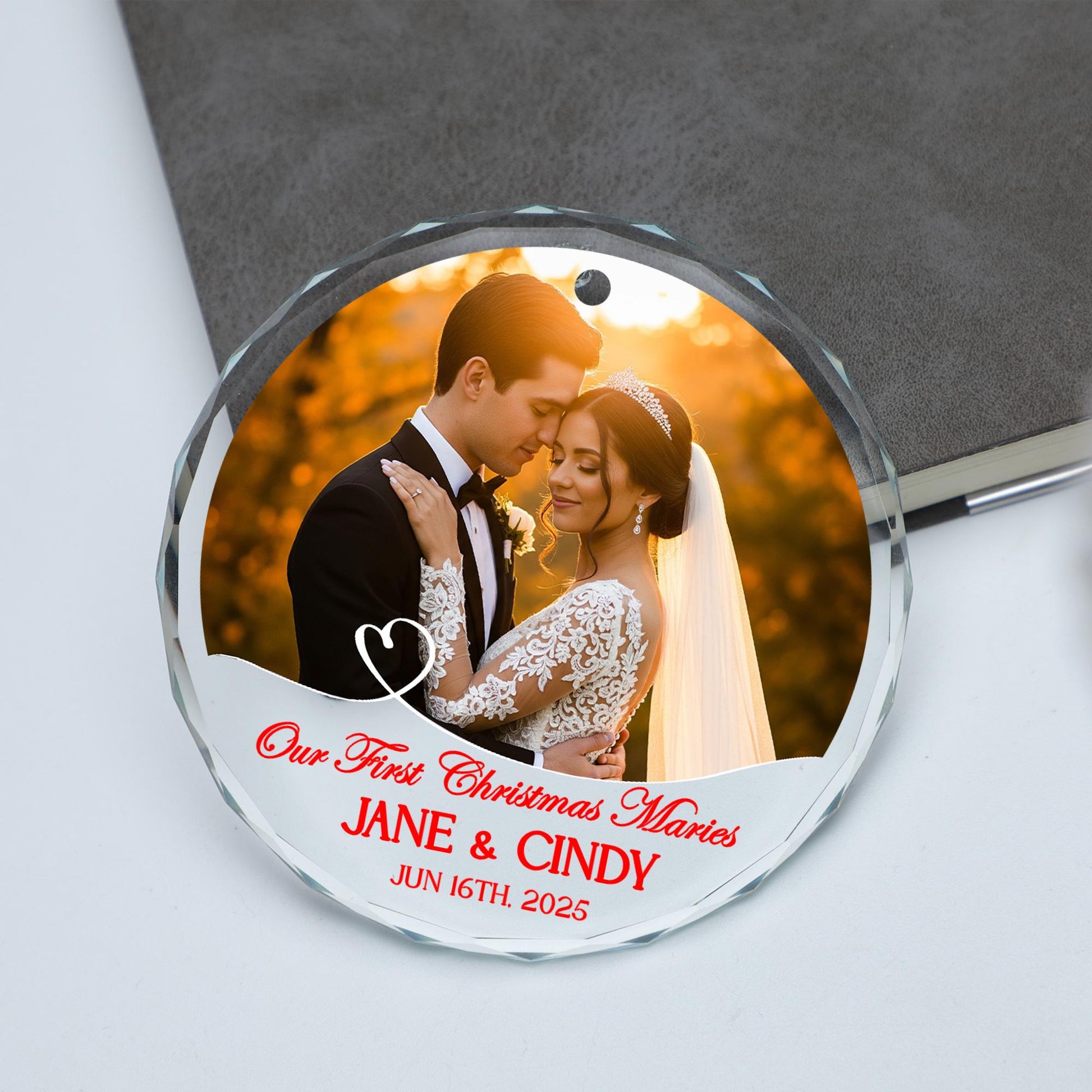 Personalized Wedding Ornament – Our First Christmas Married Custom Glass Photo Decoration