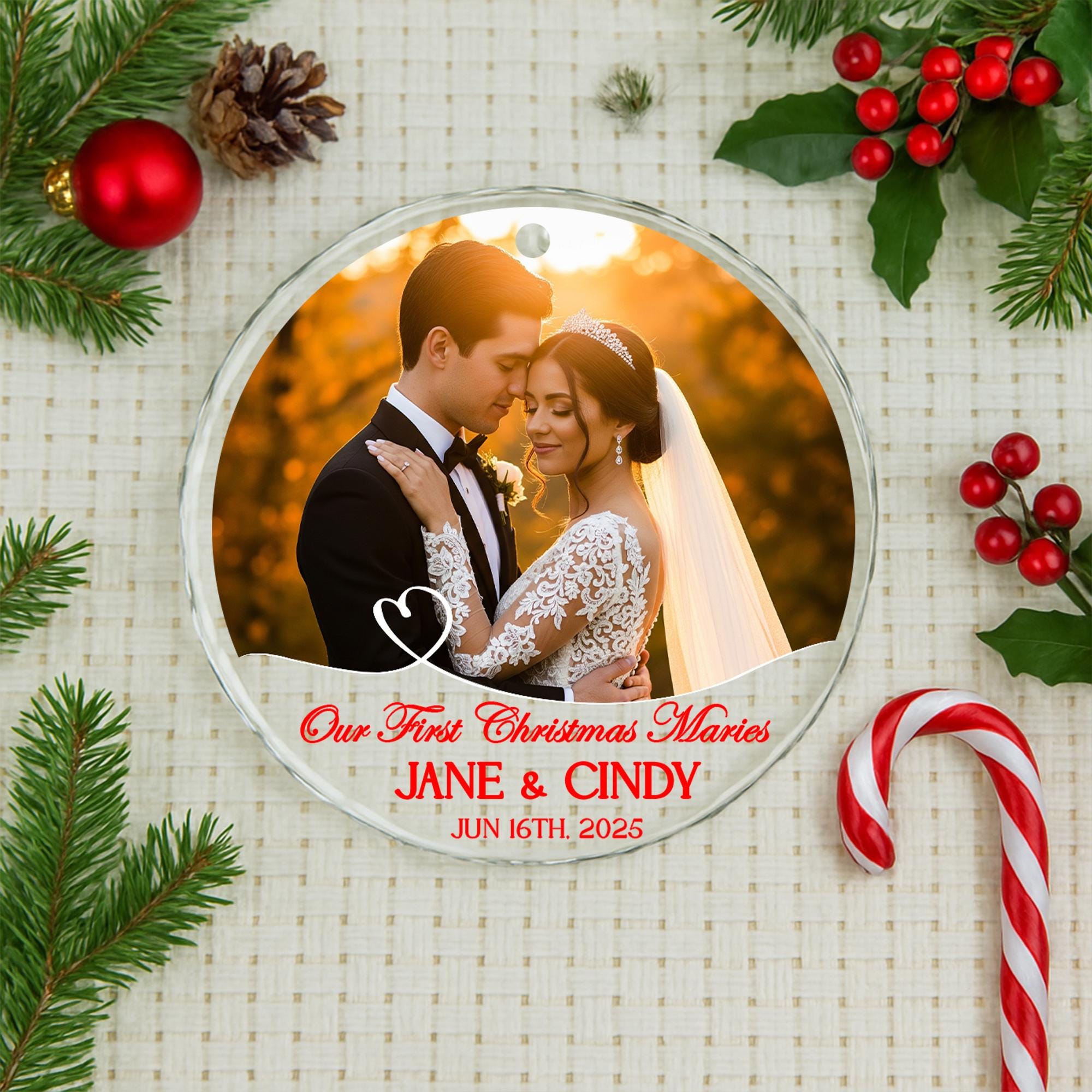 Personalized Wedding Ornament – Our First Christmas Married Custom Glass Photo Decoration