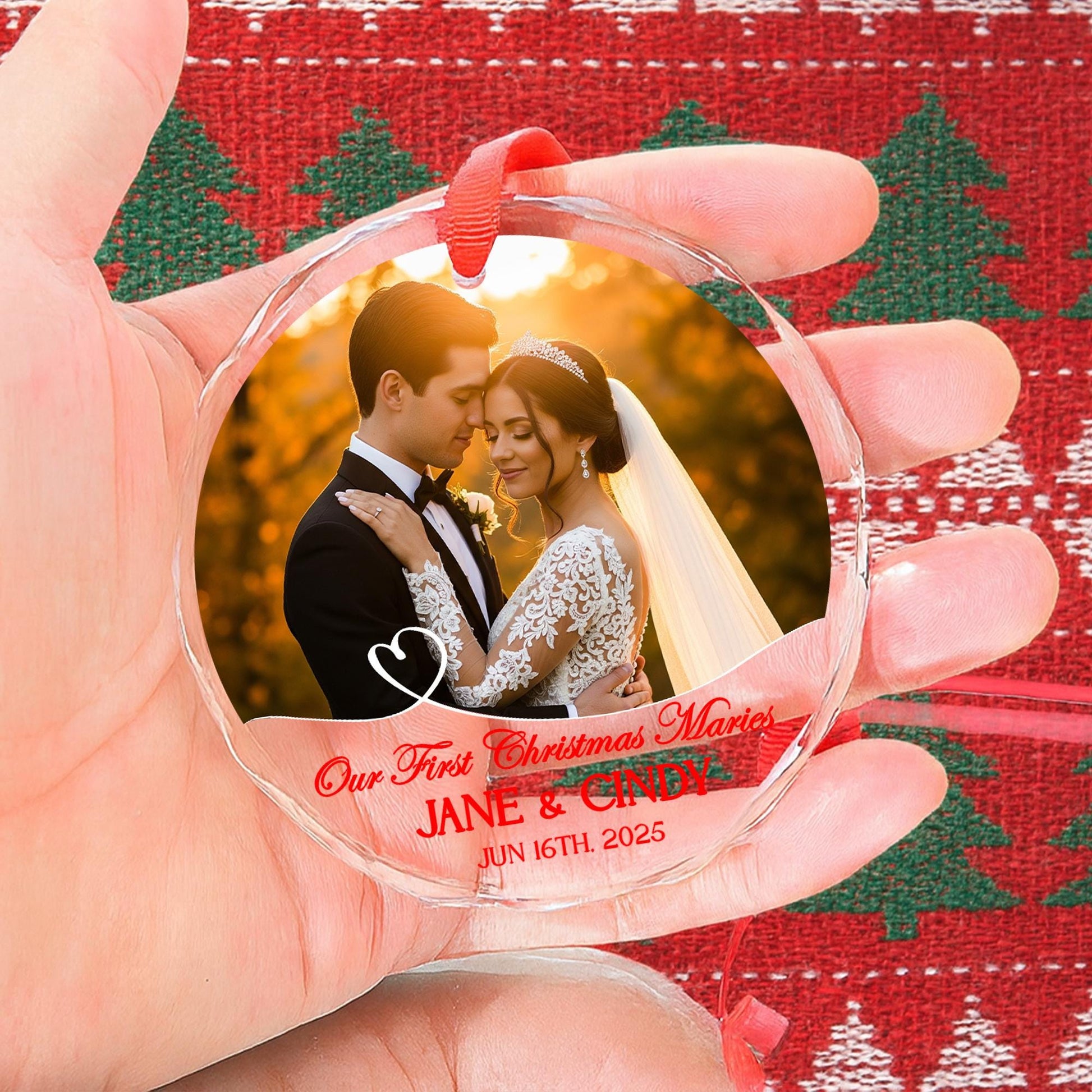 Personalized Wedding Ornament – Our First Christmas Married Custom Glass Photo Decoration