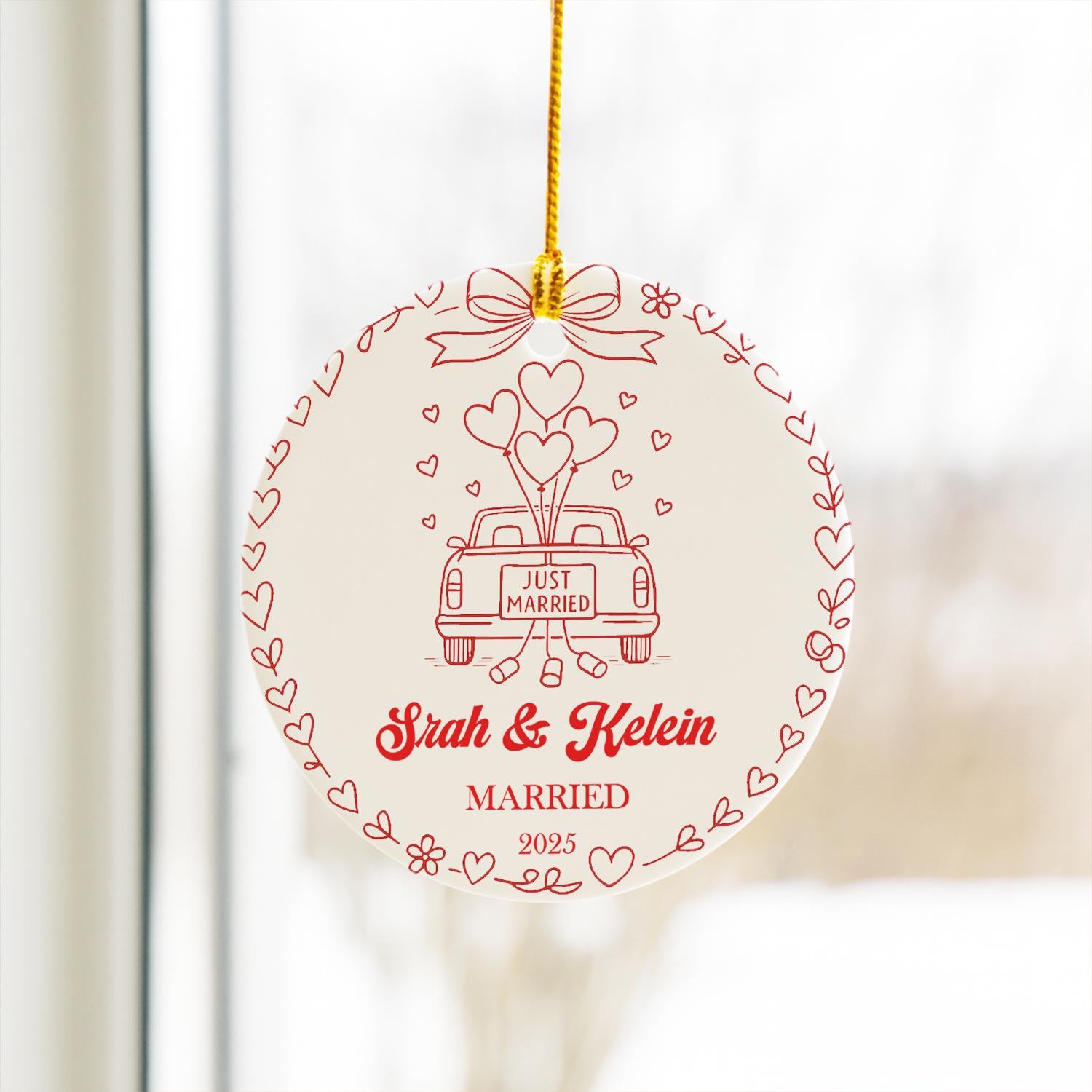 Personalized Wedding Ornament – Just Married Couple Custom Ceramic Keepsake with Names & Year