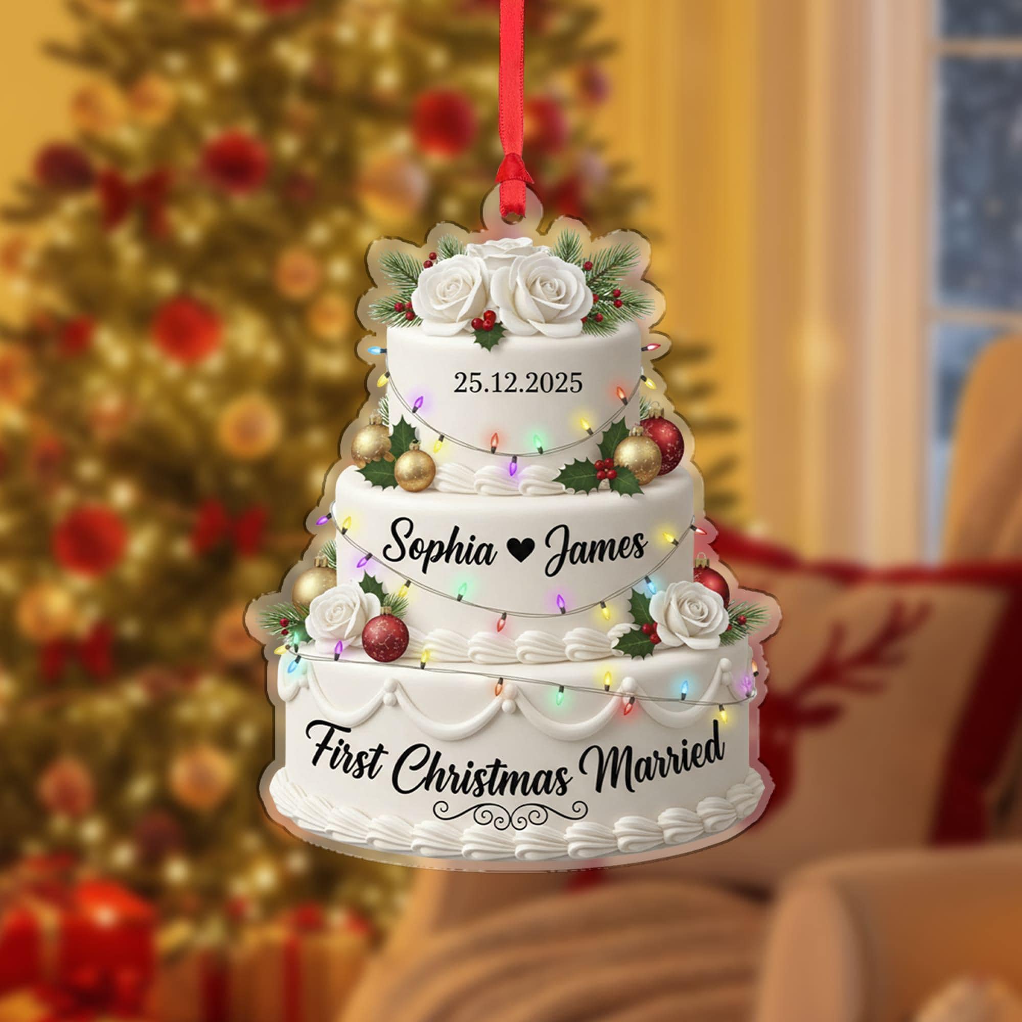 Personalized First Christmas Married Ornament: Custom Wedding Cake Design