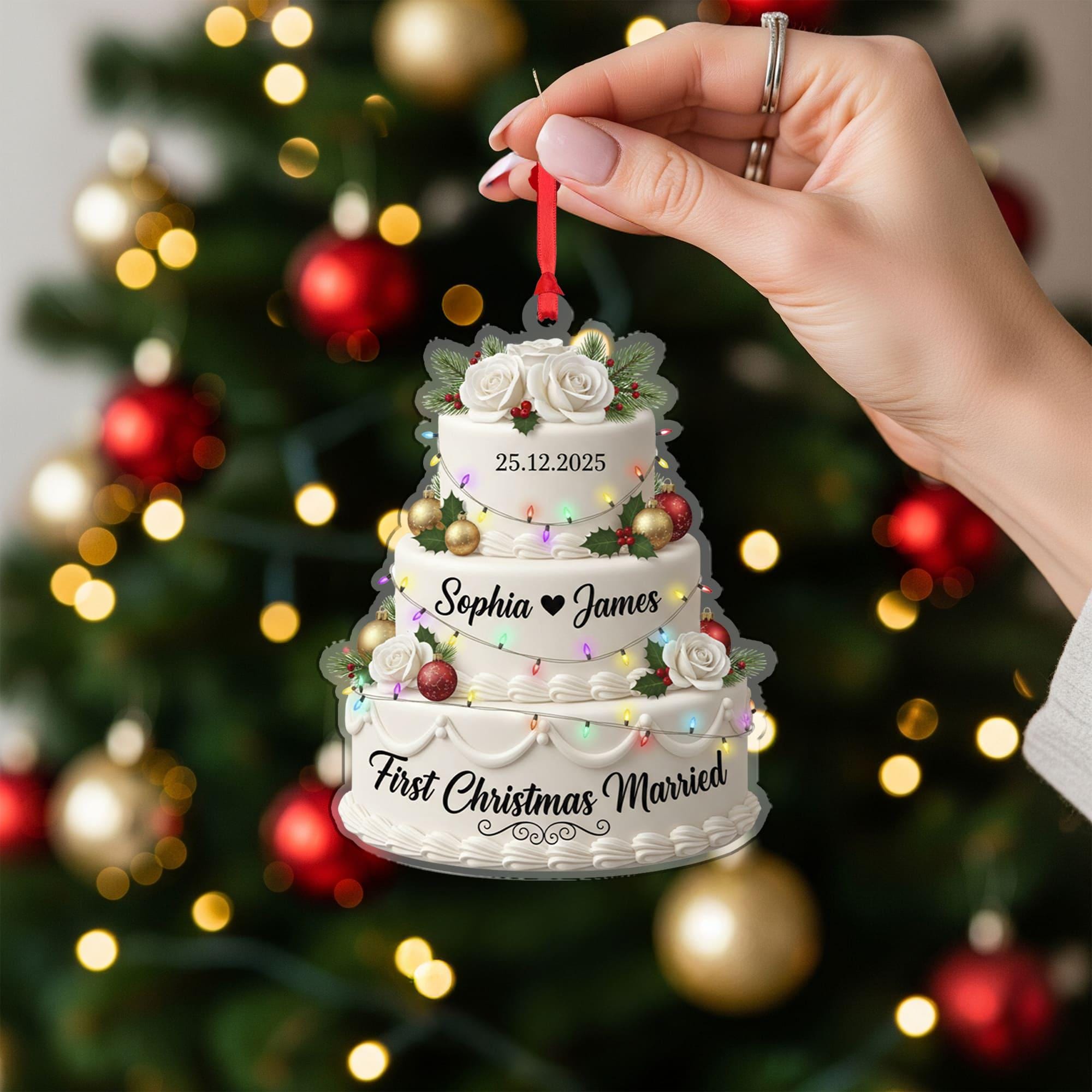 Personalized First Christmas Married Ornament: Custom Wedding Cake Design