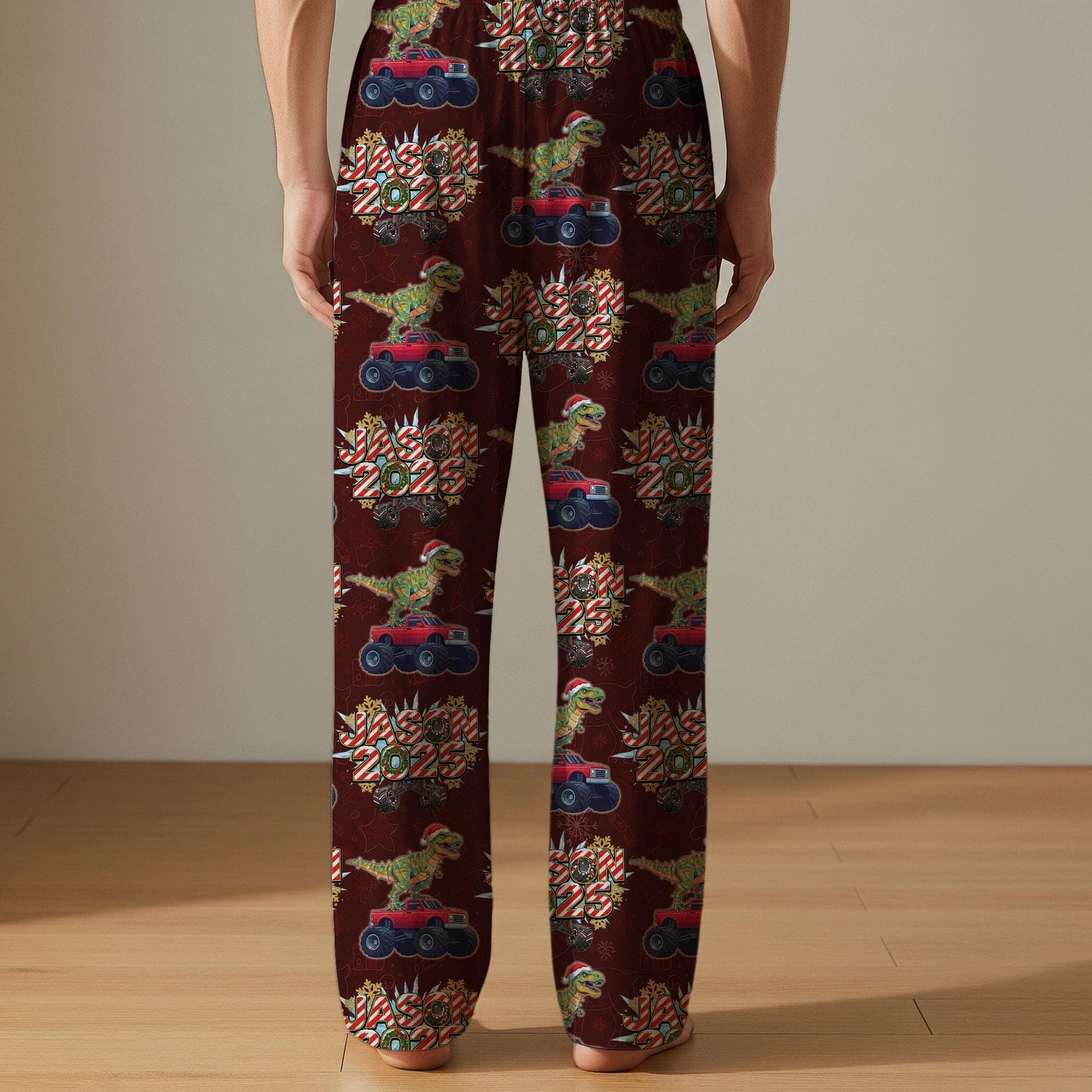 Dinosaur Christmas Pajama Pants – Funny Holiday Lounge Sleepwear with T-Rex and Car Design