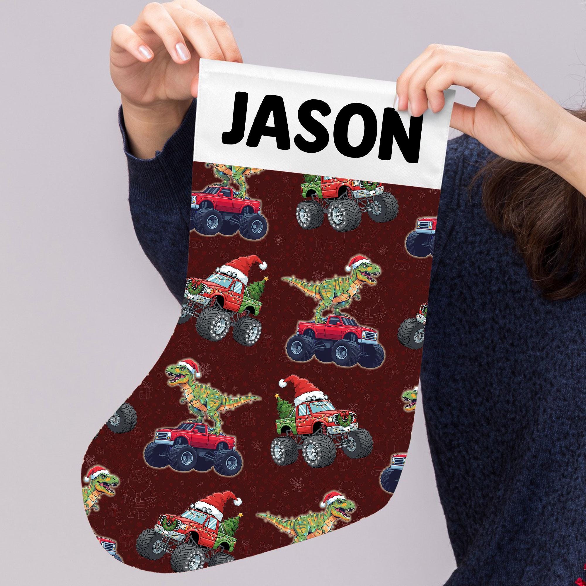 Personalized Christmas Stocking – Dinosaur Monster Truck Custom Holiday Decor with Name