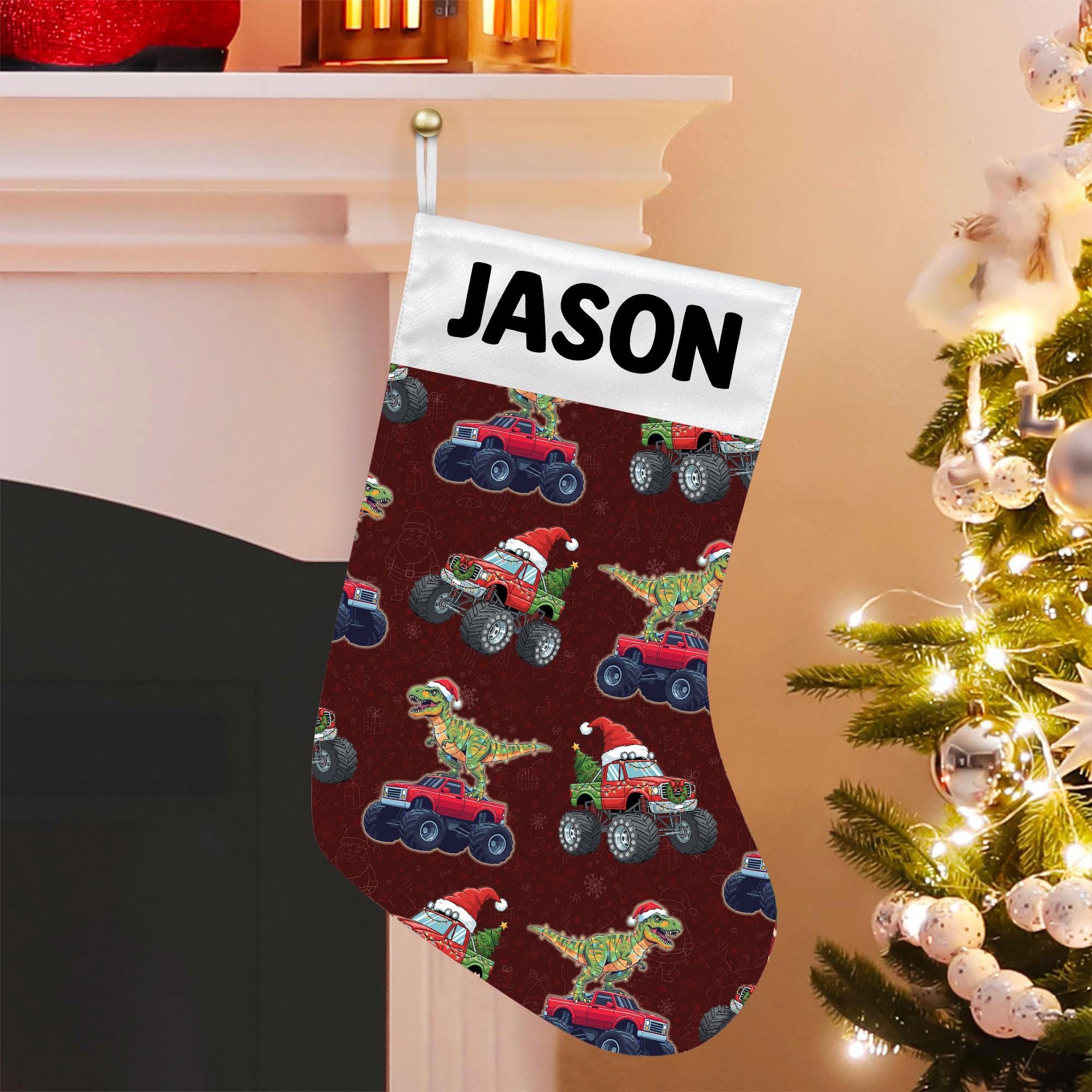 Personalized Christmas Stocking – Dinosaur Monster Truck Custom Holiday Decor with Name
