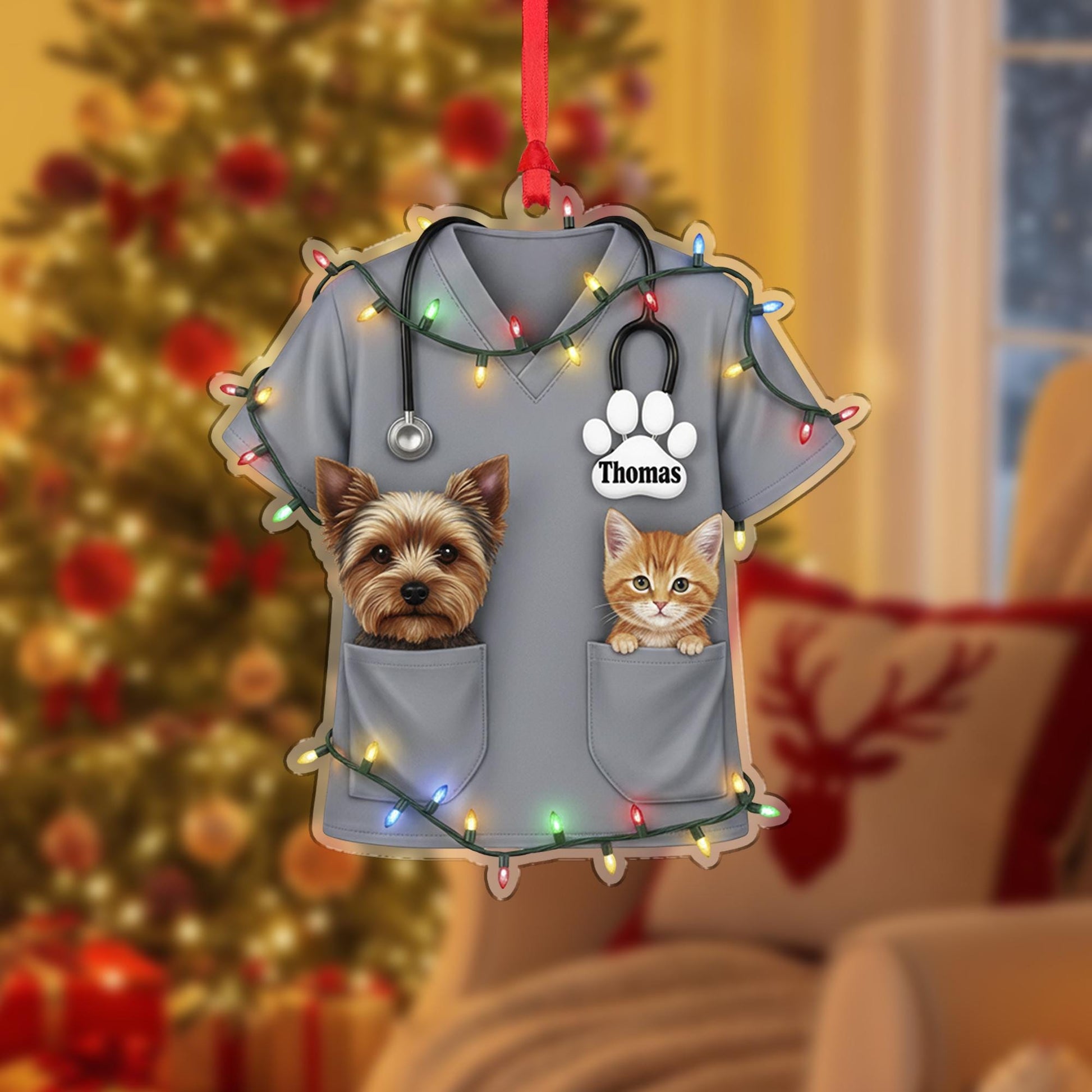 Personalized Vet Christmas Ornament: Custom Scrubs, Cat & Dog, Animal Doctor Tree Decoration