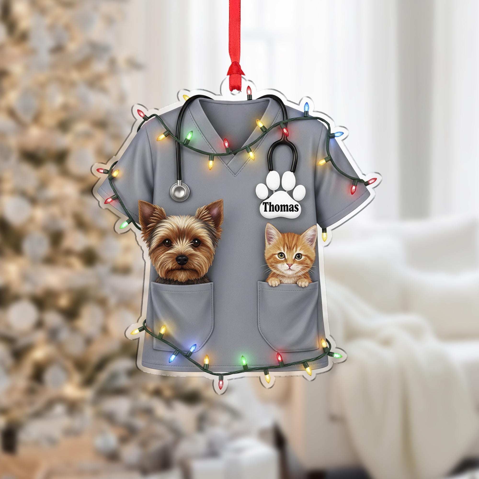 Personalized Vet Christmas Ornament: Custom Scrubs, Cat & Dog, Animal Doctor Tree Decoration