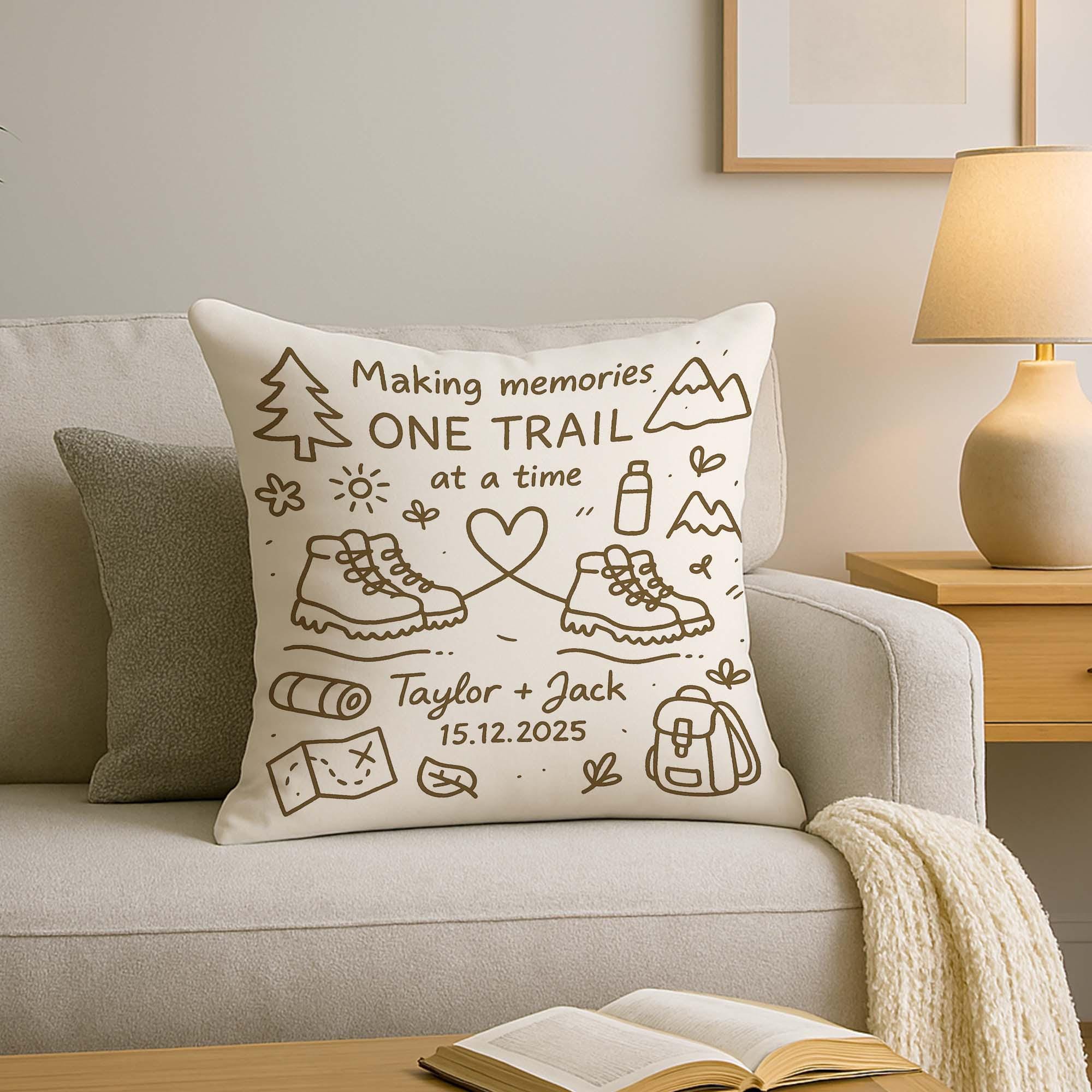 Personalized Hiking Couple Pillow: Custom Adventure Cushion, USA Made