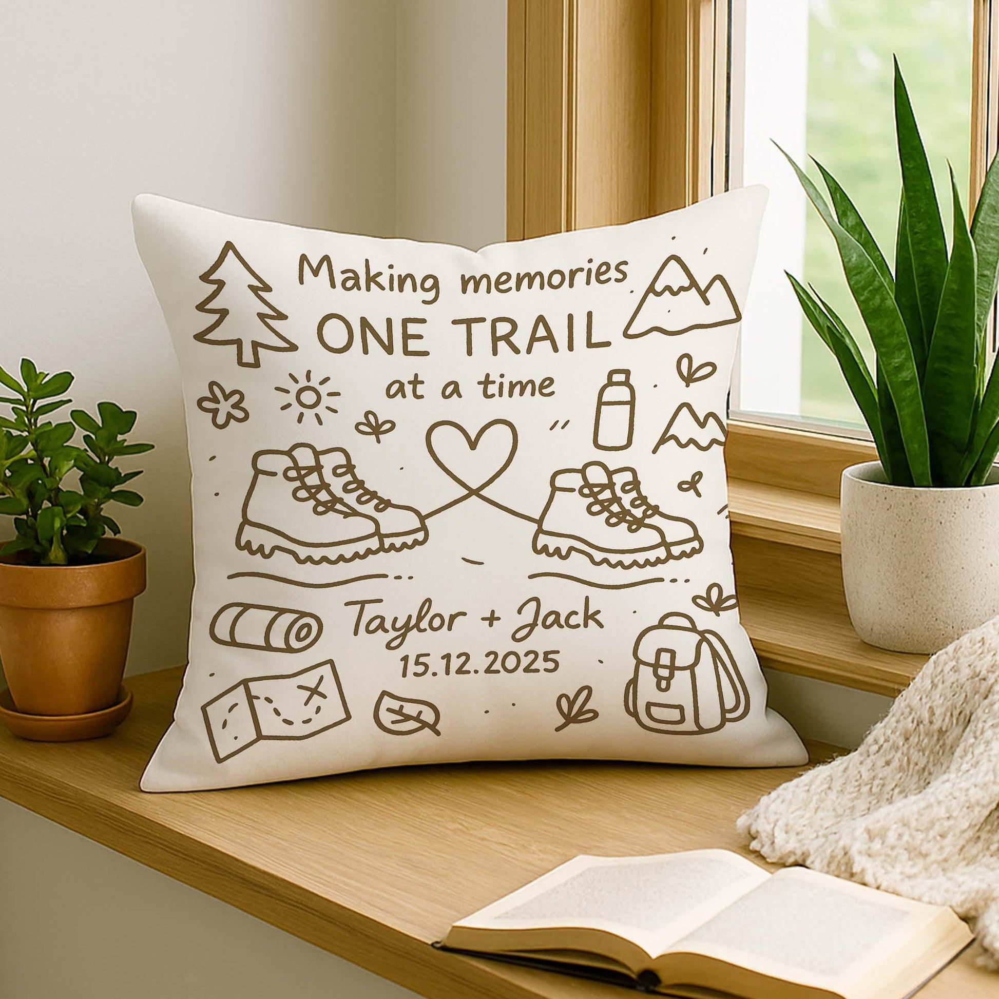 Personalized Hiking Couple Pillow: Custom Adventure Cushion, USA Made