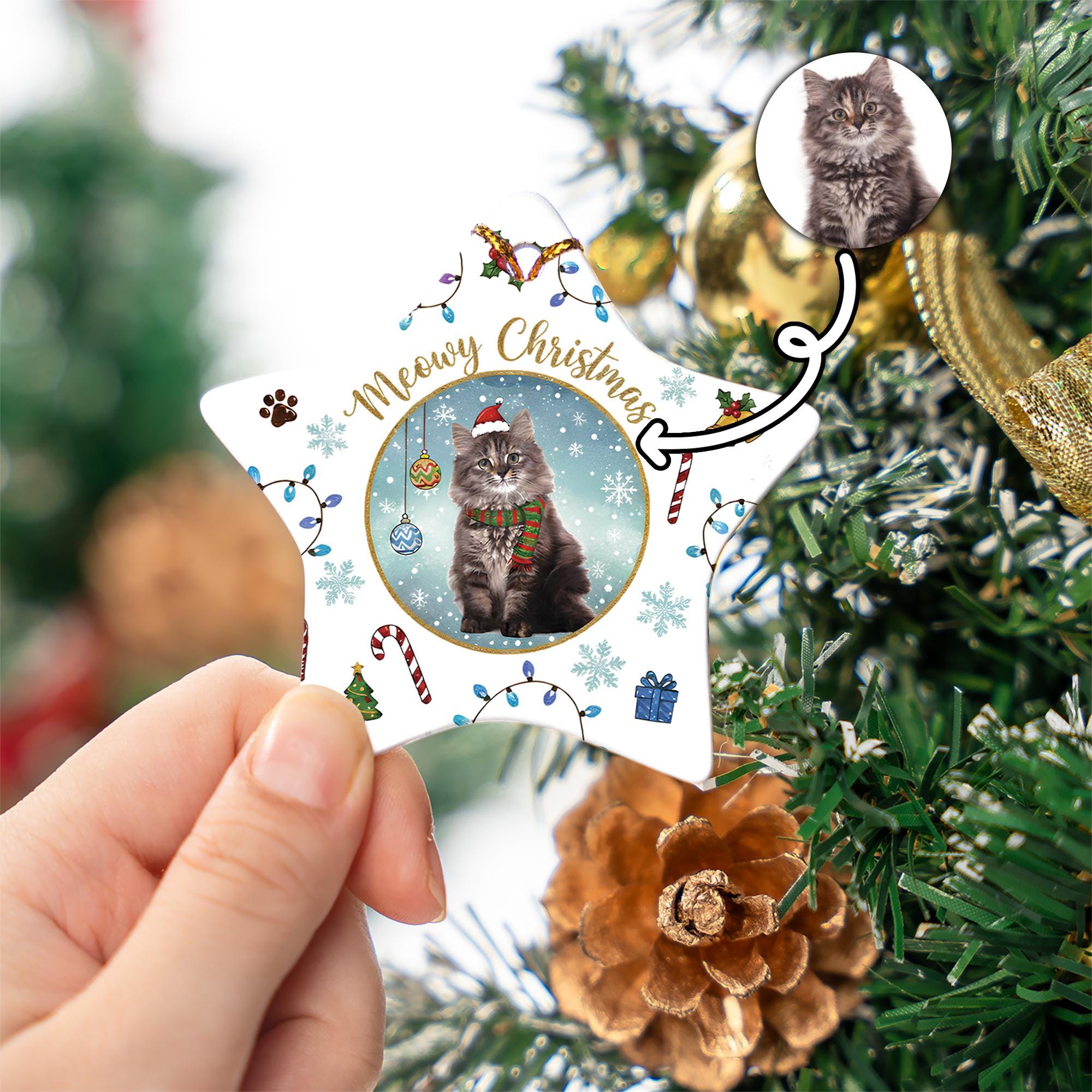 Personalized Cat Photo Christmas Ornament: Meowy Christmas Star Ceramic Pet Gift