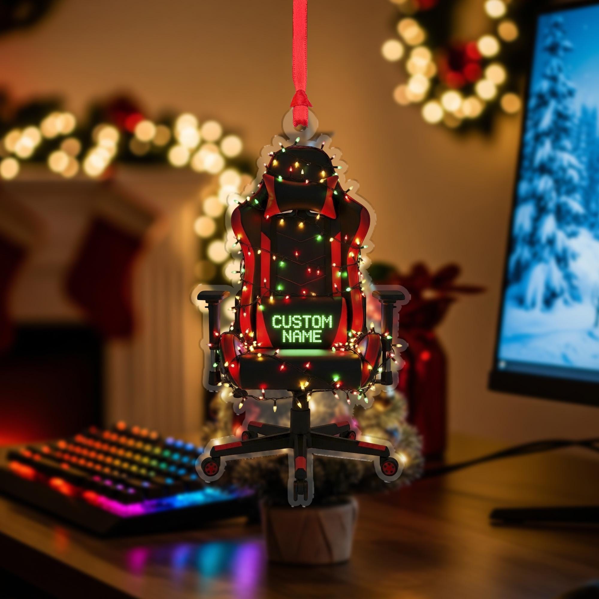 Personalized Gaming Chair Ornament – Custom Name Gamer Christmas Gift for PC Setup Decor
