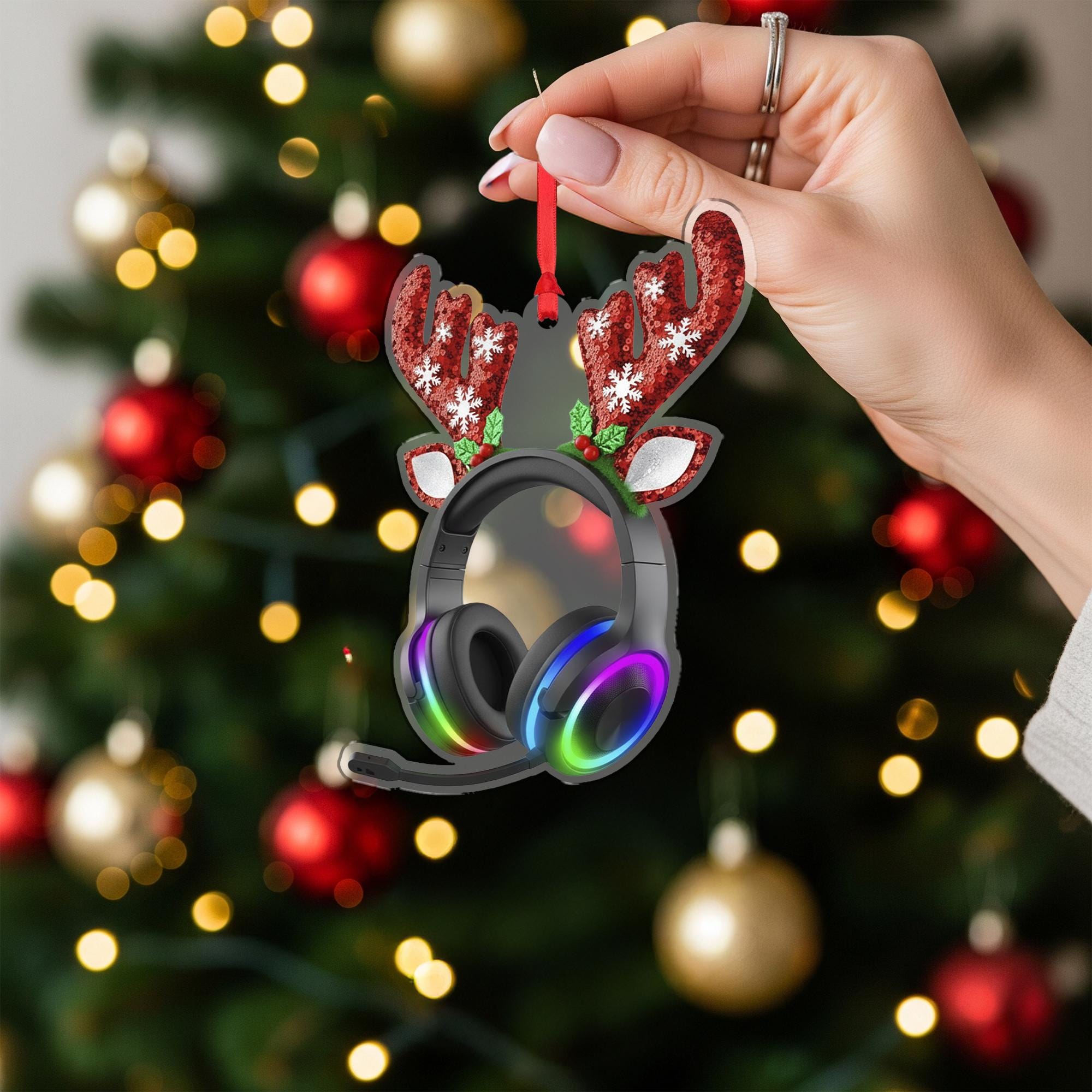 Gaming Headset Christmas Ornament – Funny Reindeer Gamer Tree Decor Gift for Streamers