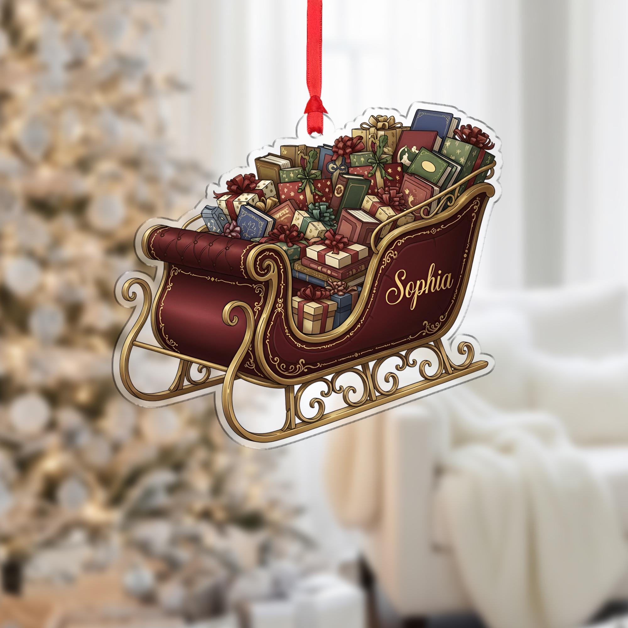 Personalized Sleigh Christmas Ornament – Custom Name Holiday Tree Decor Gift with Books and Presents