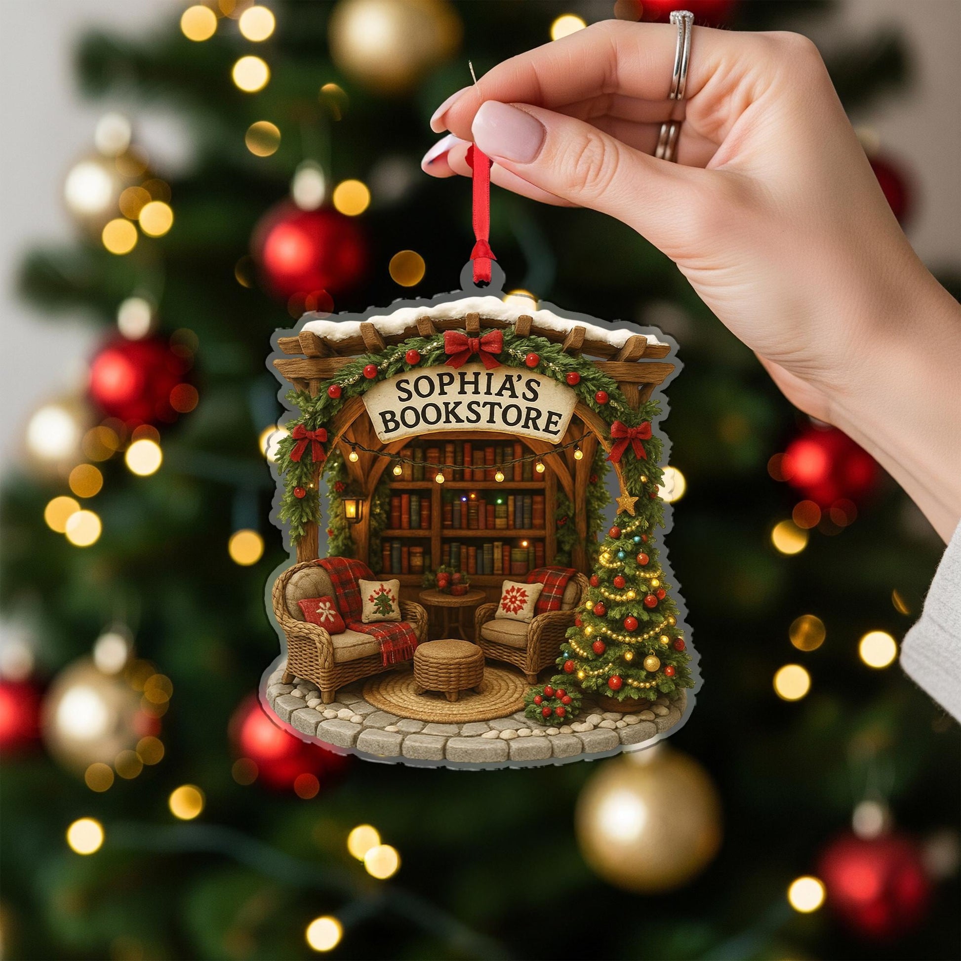 Personalized Bookstore Christmas Ornament – Custom Name Book Lover Tree Decor Gift for Readers