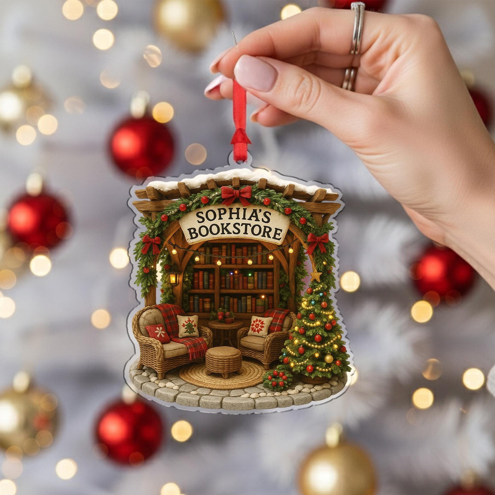 Personalized Bookstore Christmas Ornament – Custom Name Book Lover Tree Decor Gift for Readers