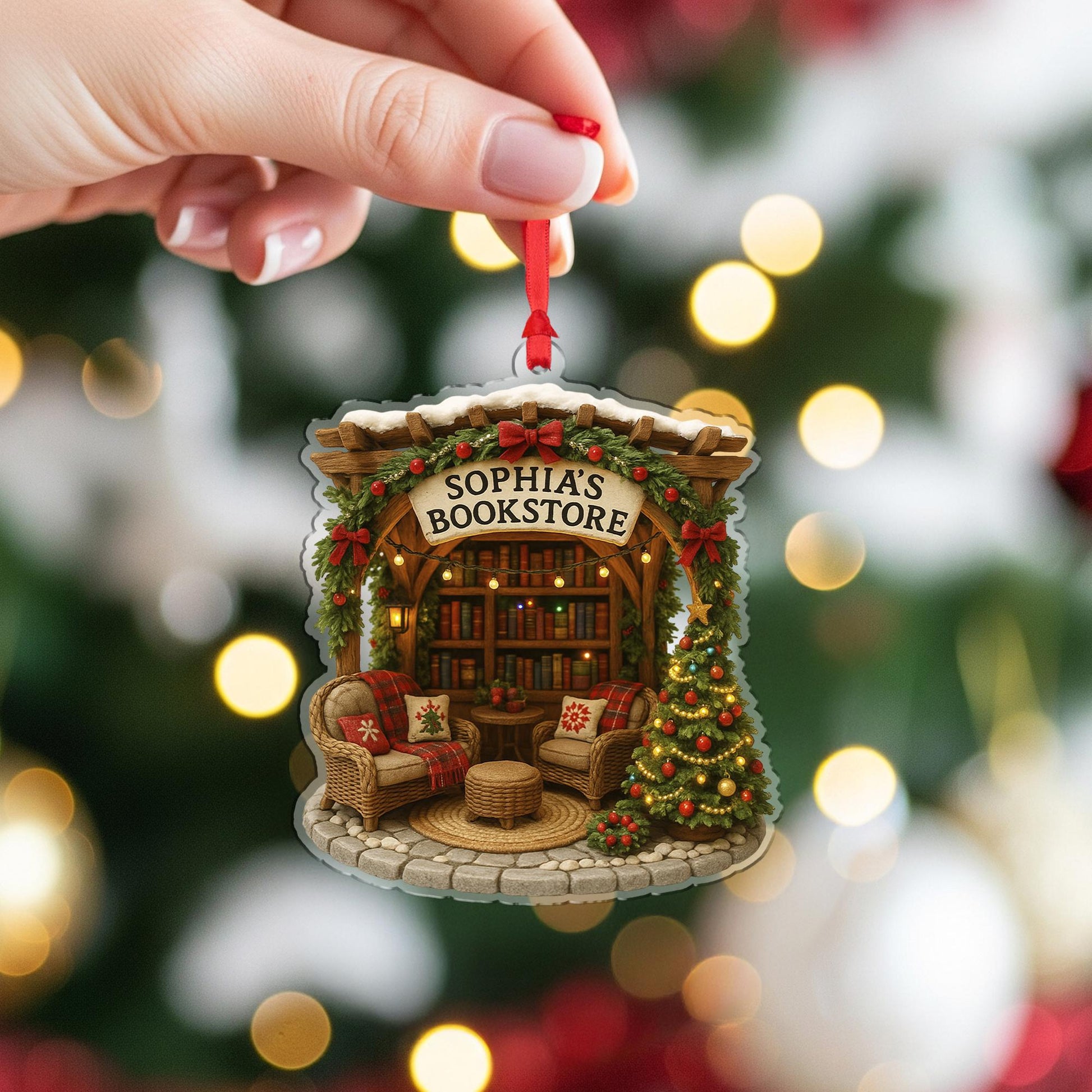 Personalized Bookstore Christmas Ornament – Custom Name Book Lover Tree Decor Gift for Readers