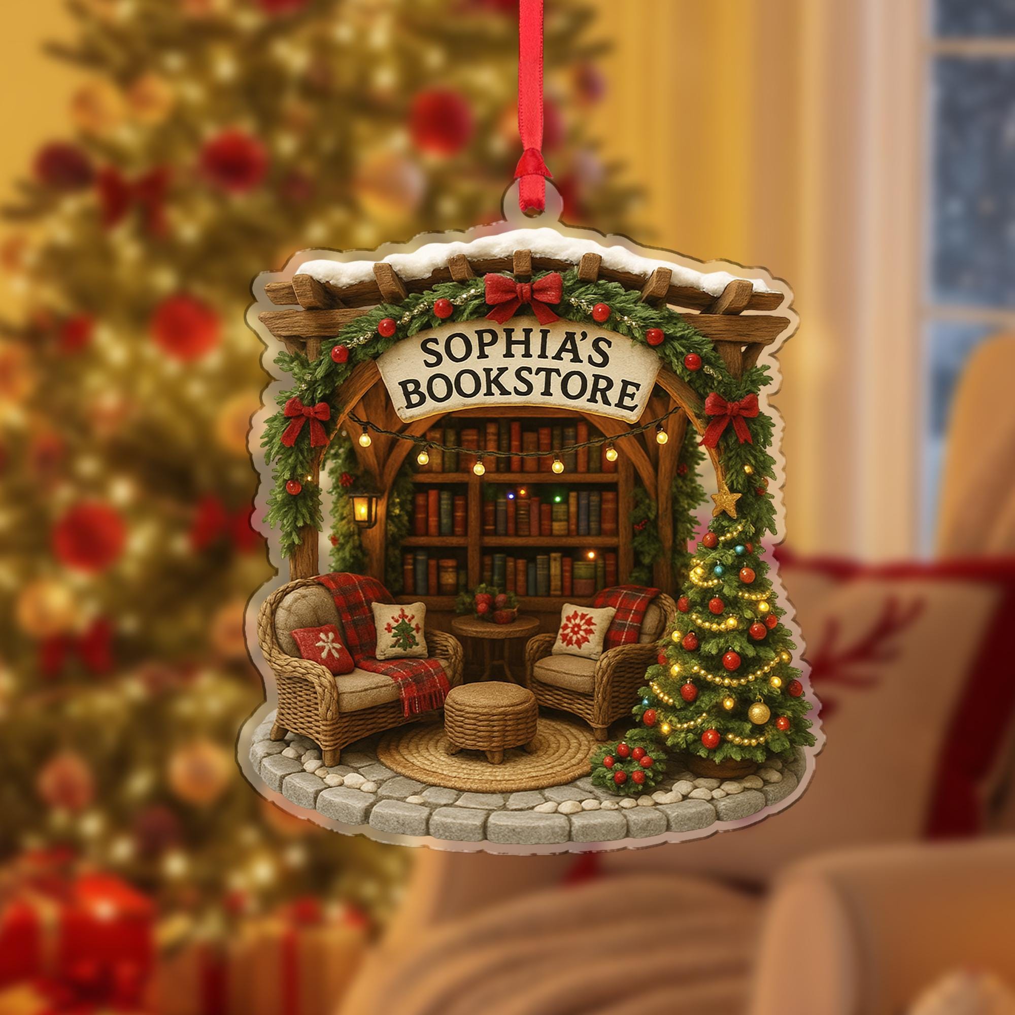 Personalized Bookstore Christmas Ornament – Custom Name Book Lover Tree Decor Gift for Readers