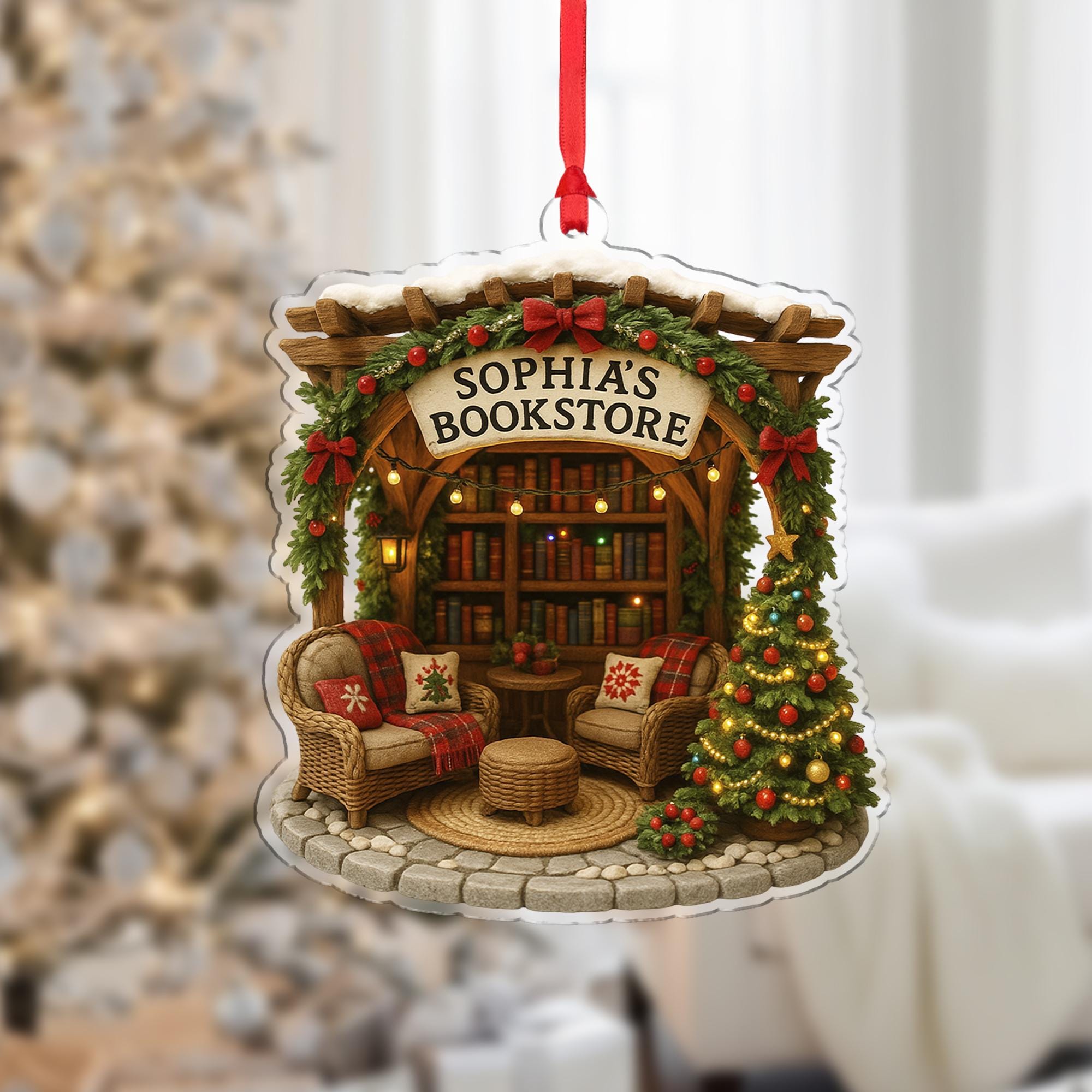 Personalized Bookstore Christmas Ornament – Custom Name Book Lover Tree Decor Gift for Readers