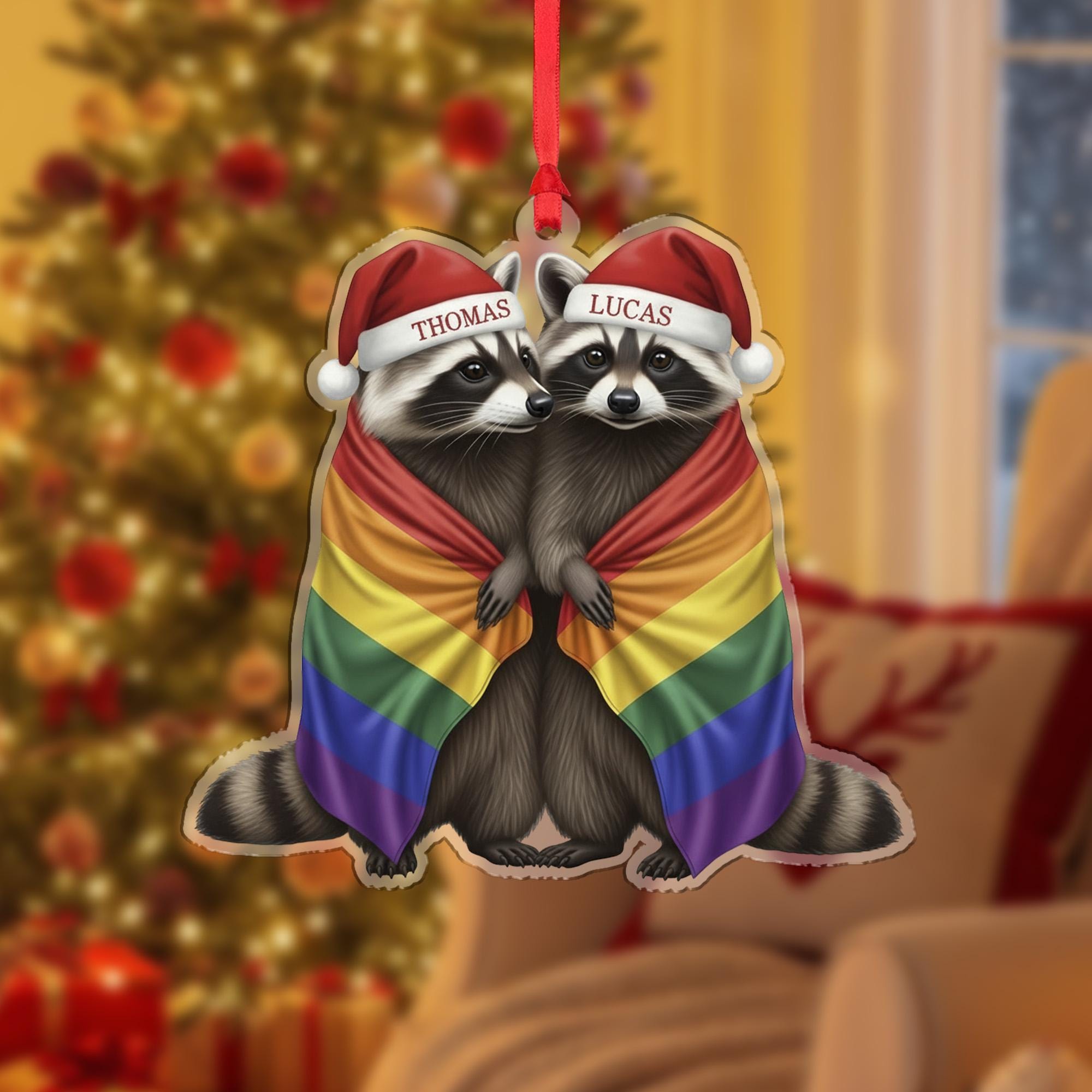 Personalized Raccoon Couple Christmas Ornament, Custom LGBTQ Pride Holiday Gift with Names, Gay Wedding Tree Decoration