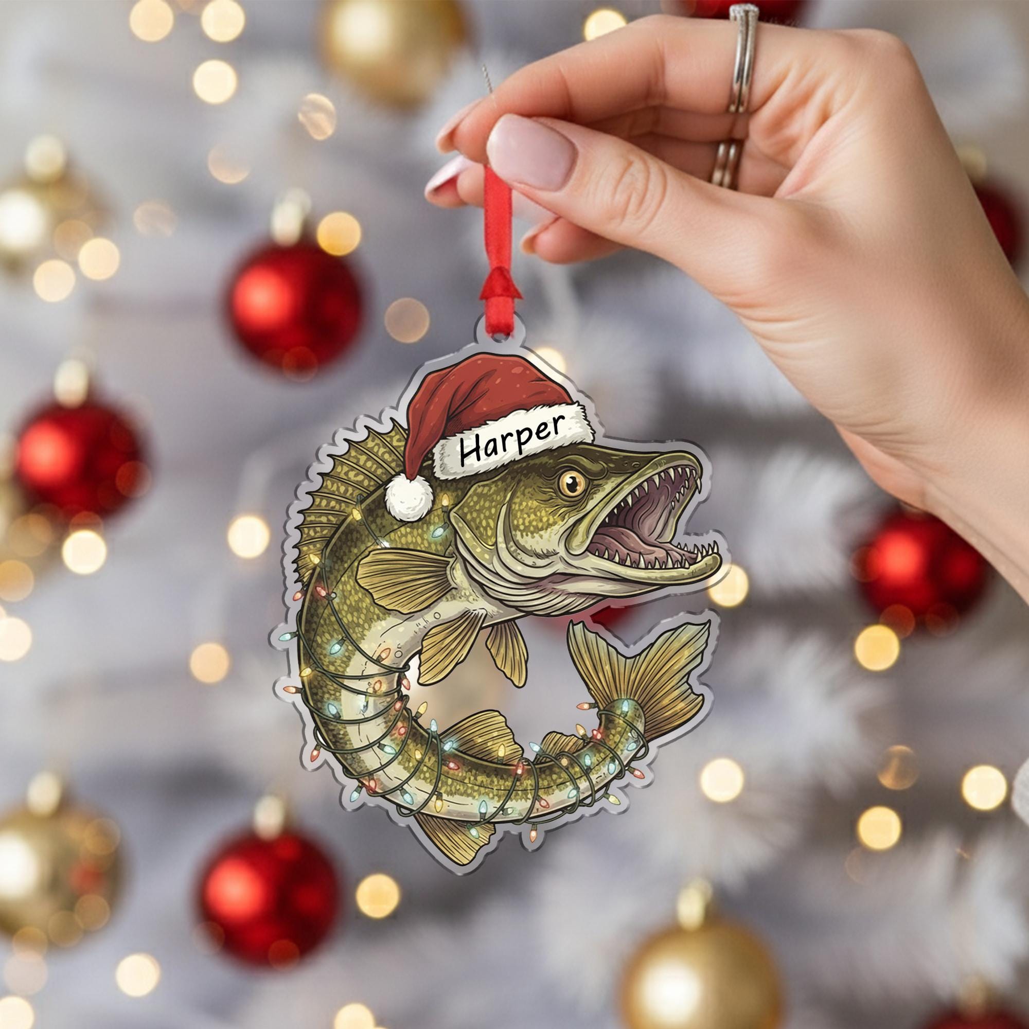 Personalized Walleye Fishing Christmas Ornament, Custom Name Fish with Santa Hat, Funny Angler Gift for Dad, Fisherman Xmas Tree Decor